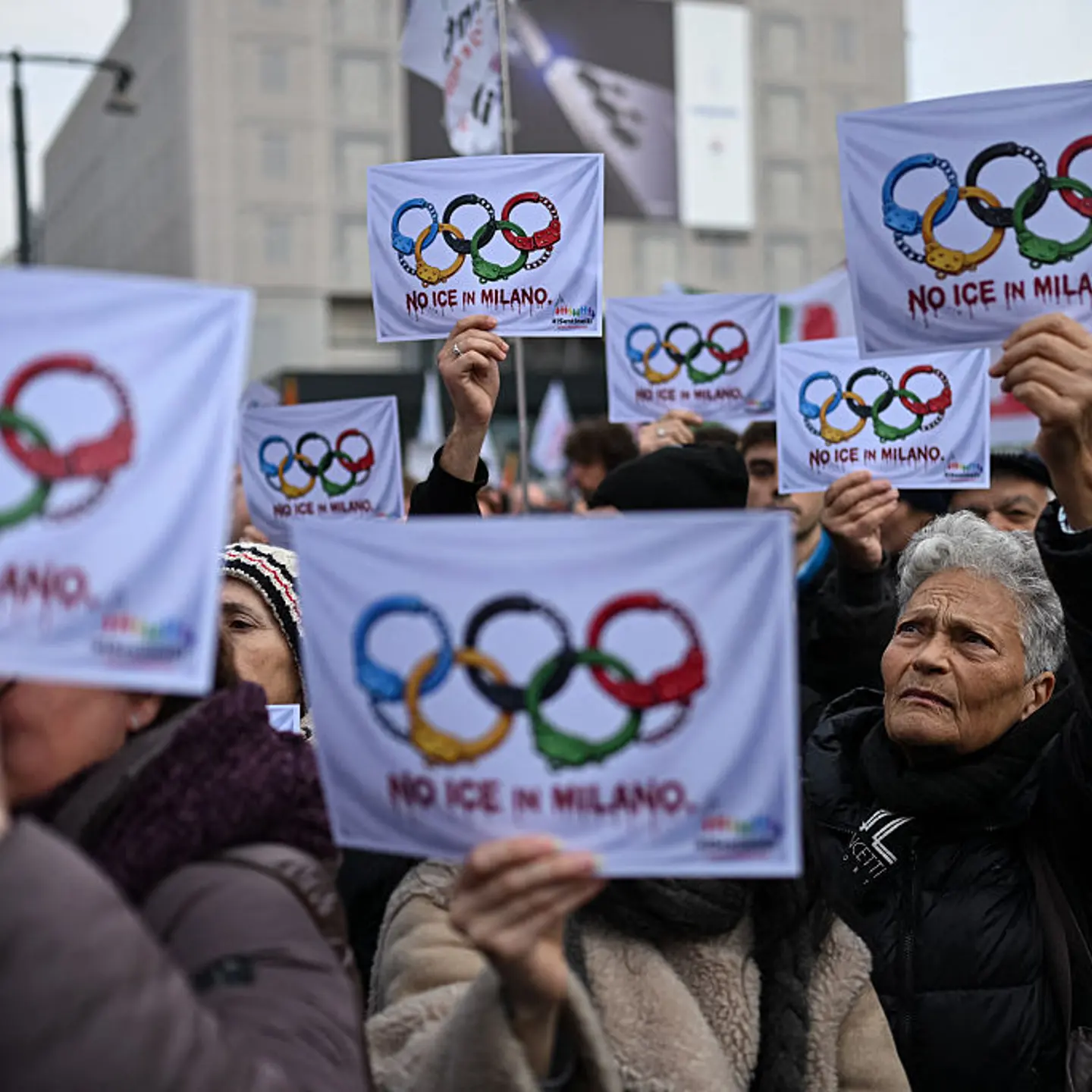 People take part in a demonstration against U.S. Immigration and Customs Enforcement (ICE) ahead of the Milano Cortina 2026 Olympic Games in Milan, northern Italy, on Jan. 31, 2026.