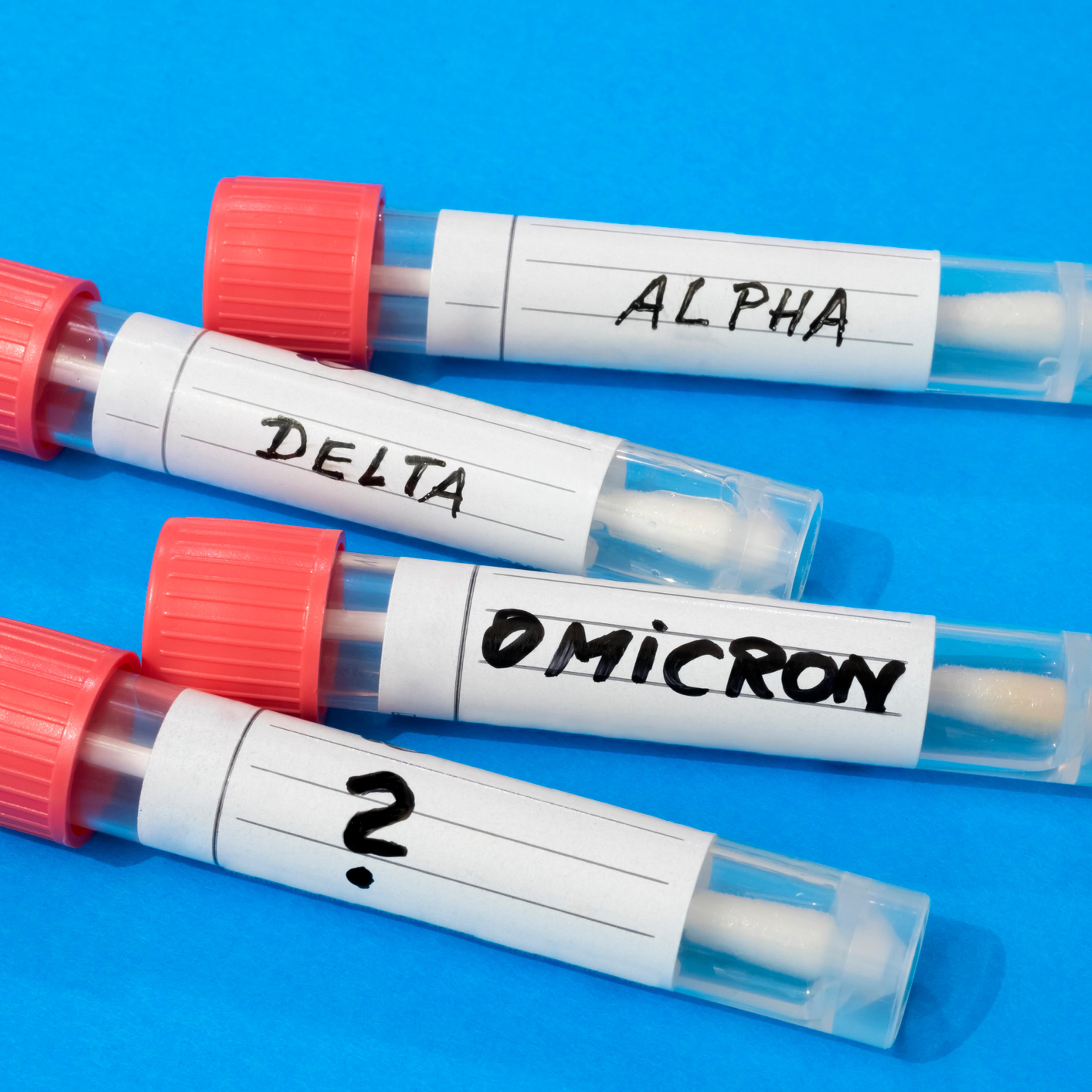 Swab tubes with medical samples on blue background