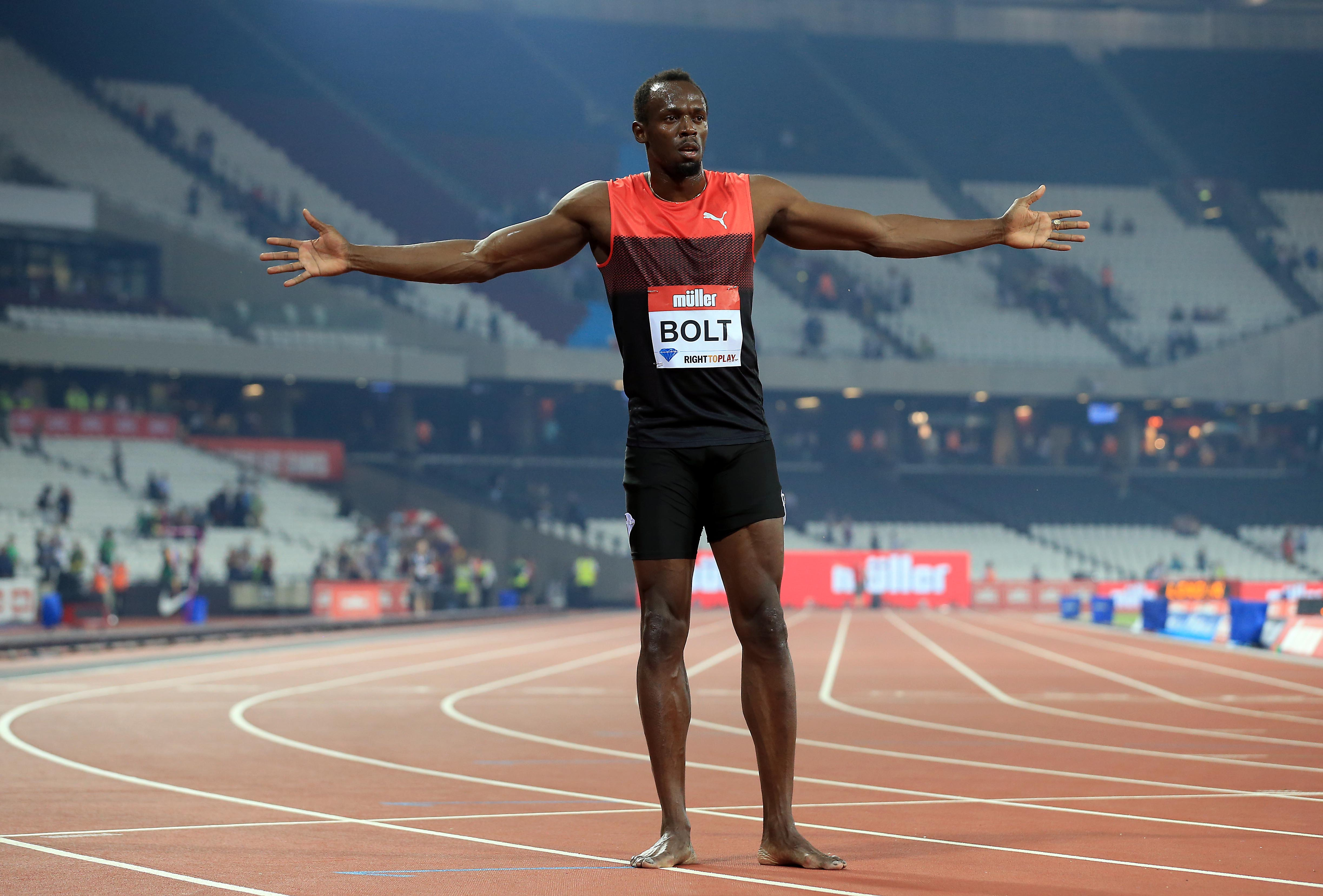 Usain Bolt of Jamaica celebrates winning the mens 200m during day one of the Muller Anniversary Games at The Stadium - Queen Elizabeth Olympic Park in in London on July 22, 2016.