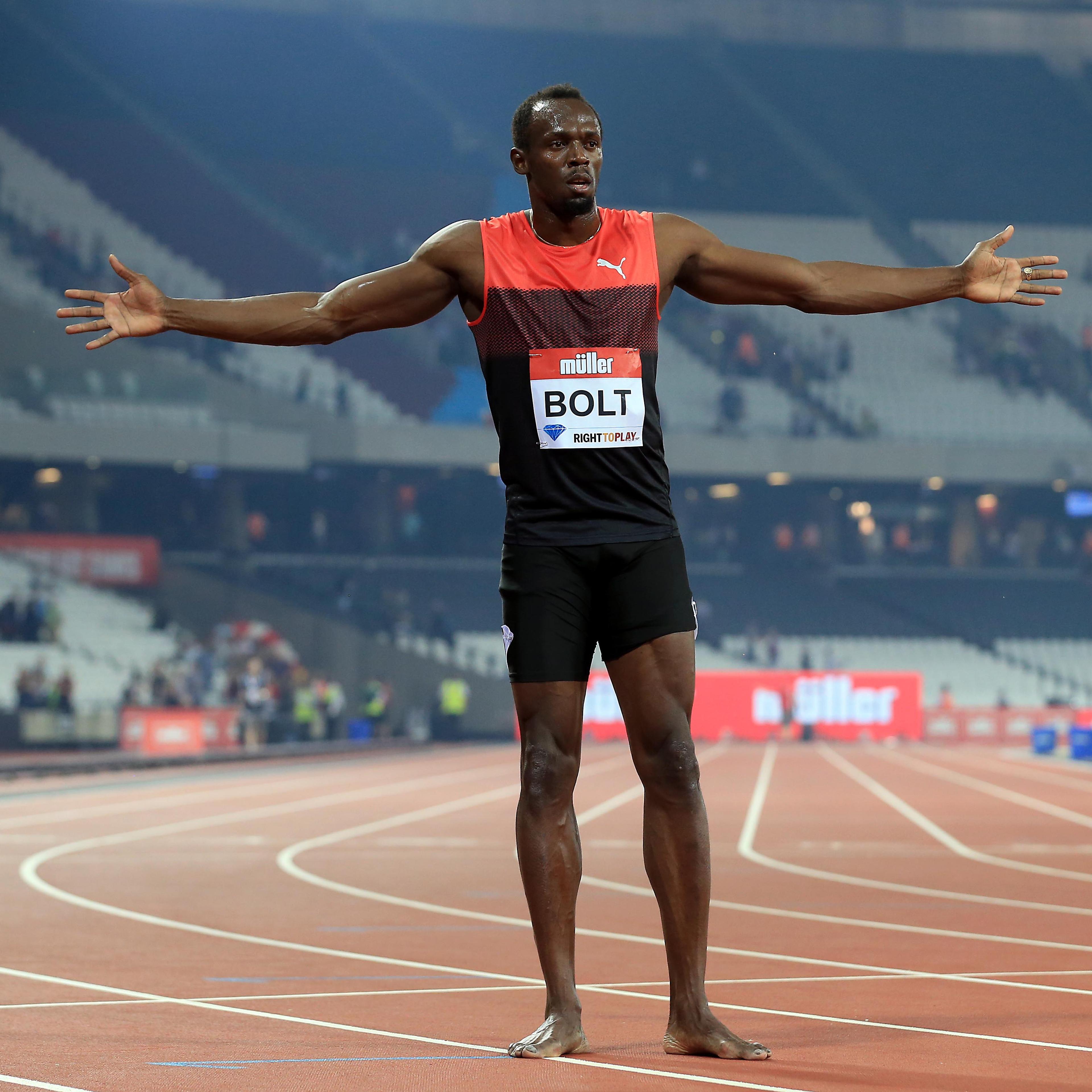 Usain Bolt of Jamaica celebrates winning the mens 200m during day one of the Muller Anniversary Games at The Stadium - Queen Elizabeth Olympic Park in in London on July 22, 2016.