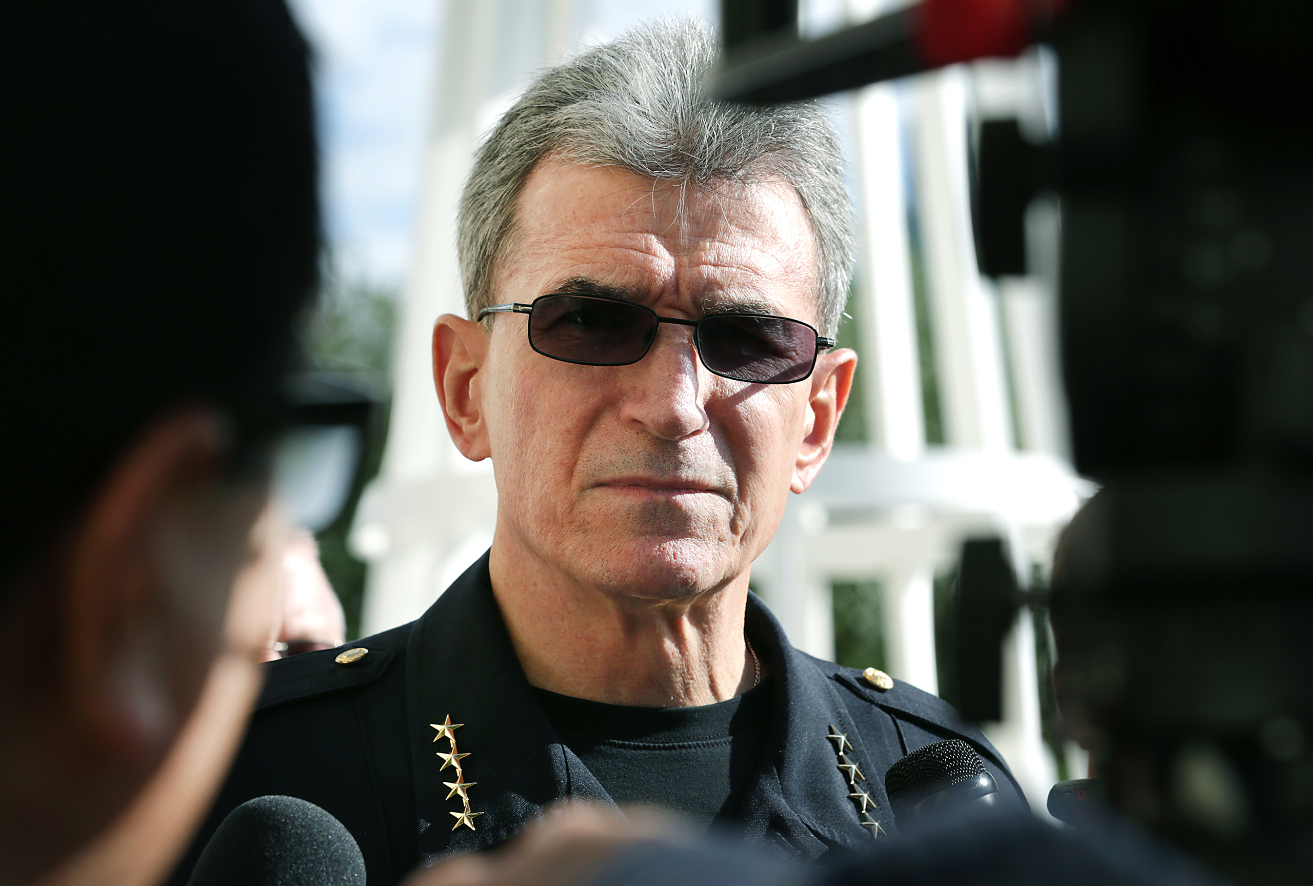 San Antonio Police Chief William McManus answers questions from the media on May 3, 2016.