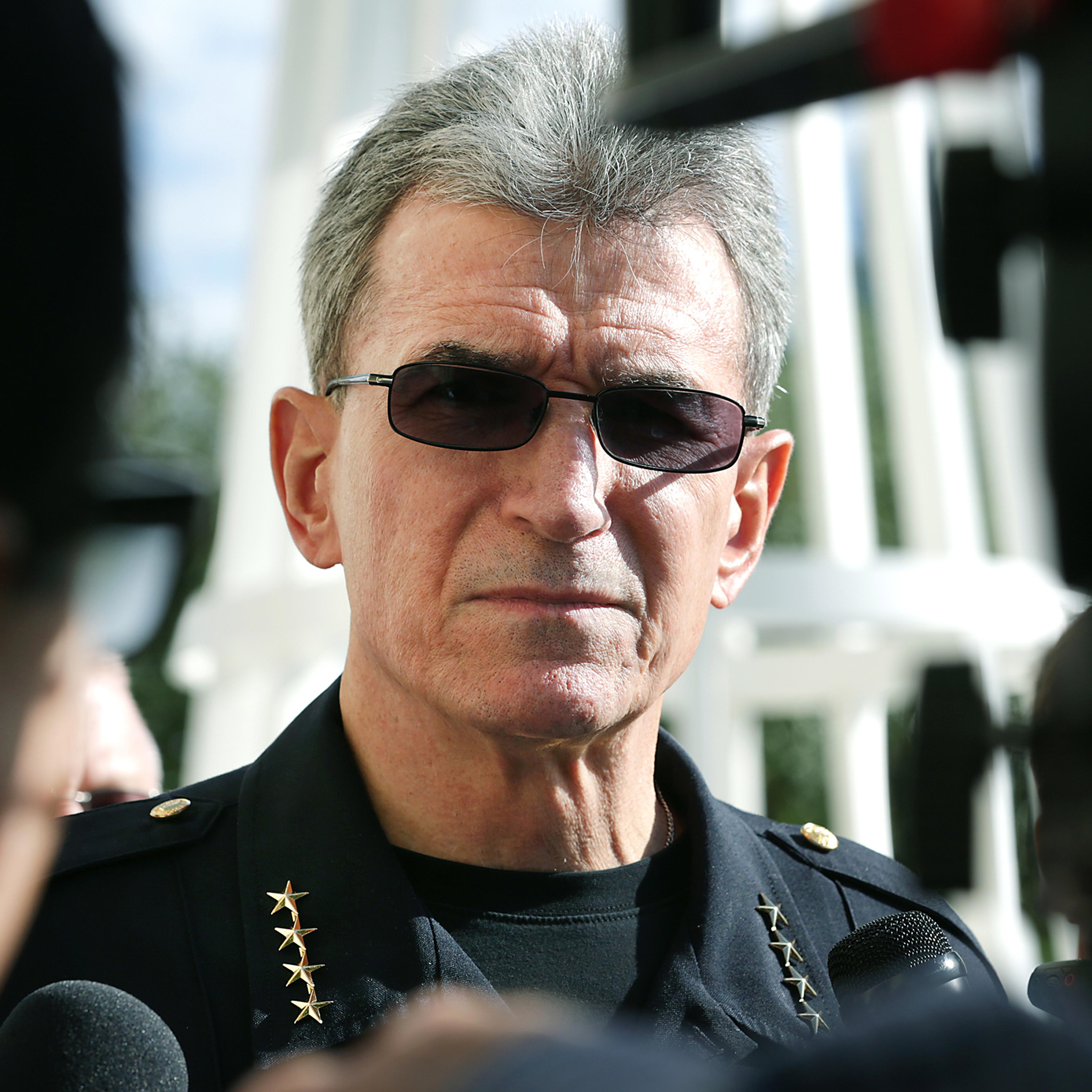 San Antonio Police Chief William McManus answers questions from the media on May 3, 2016.