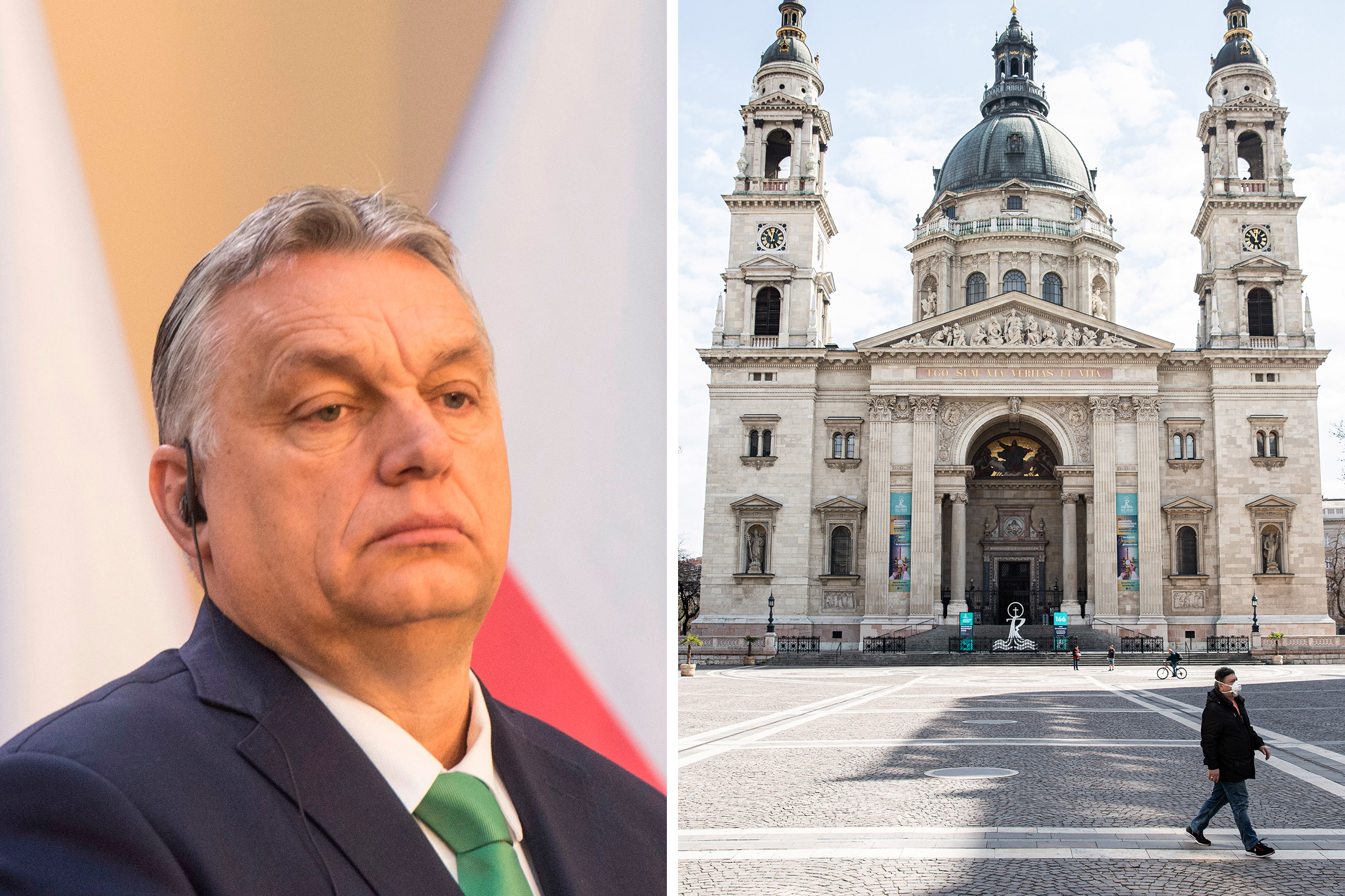 Hungary's Prime Minister Viktor Orban gives a joint press conference on March 4; A pedestrian wearing a protective face mask walks across a deserted square outside St. Stephen's Basilica in Budapest, Hungary on March 31