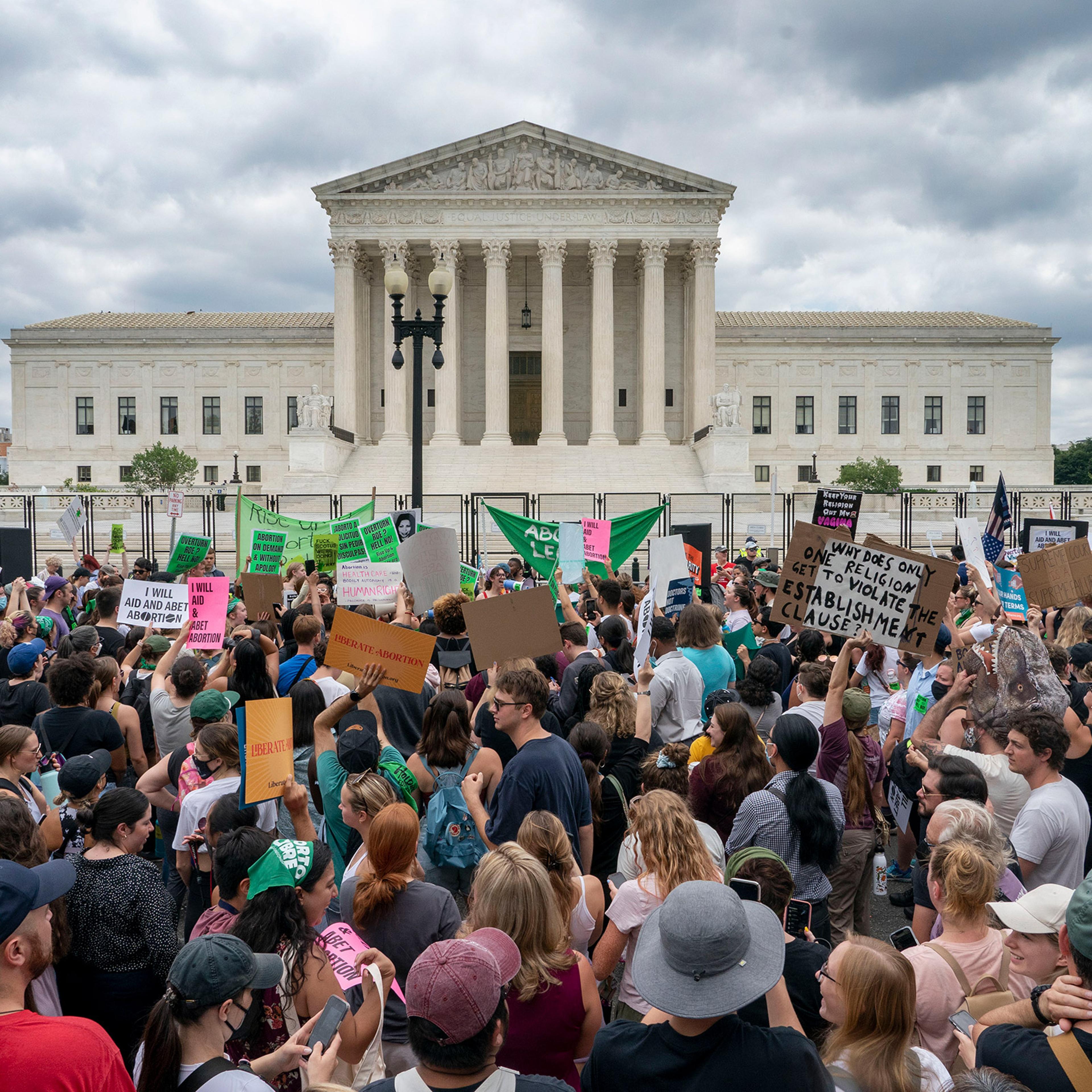 Abortion-rights protesters gather following the Supreme Court's decision to overturn Roe v. Wade, outside the Supreme Court in Washington, D.C., June 24, 2022.