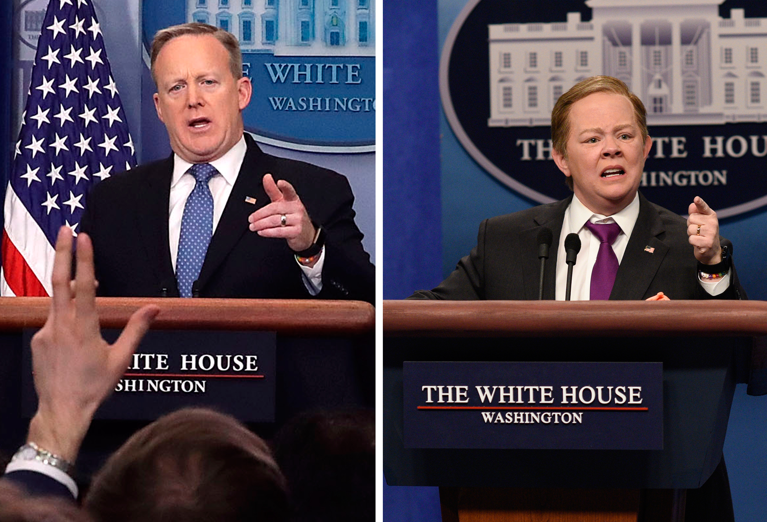 SATURDAY NIGHT LIVE -- "Alec Baldwin" Episode 1718 -- Pictured: Melissa McCarthy as Press Secretary Sean Spicer during the "Sean Spicer Press Conference Cold Open" on February 11, 2017 -- (Photo by: Will Heath/NBC/NBCU Photo Bank via Getty Images)