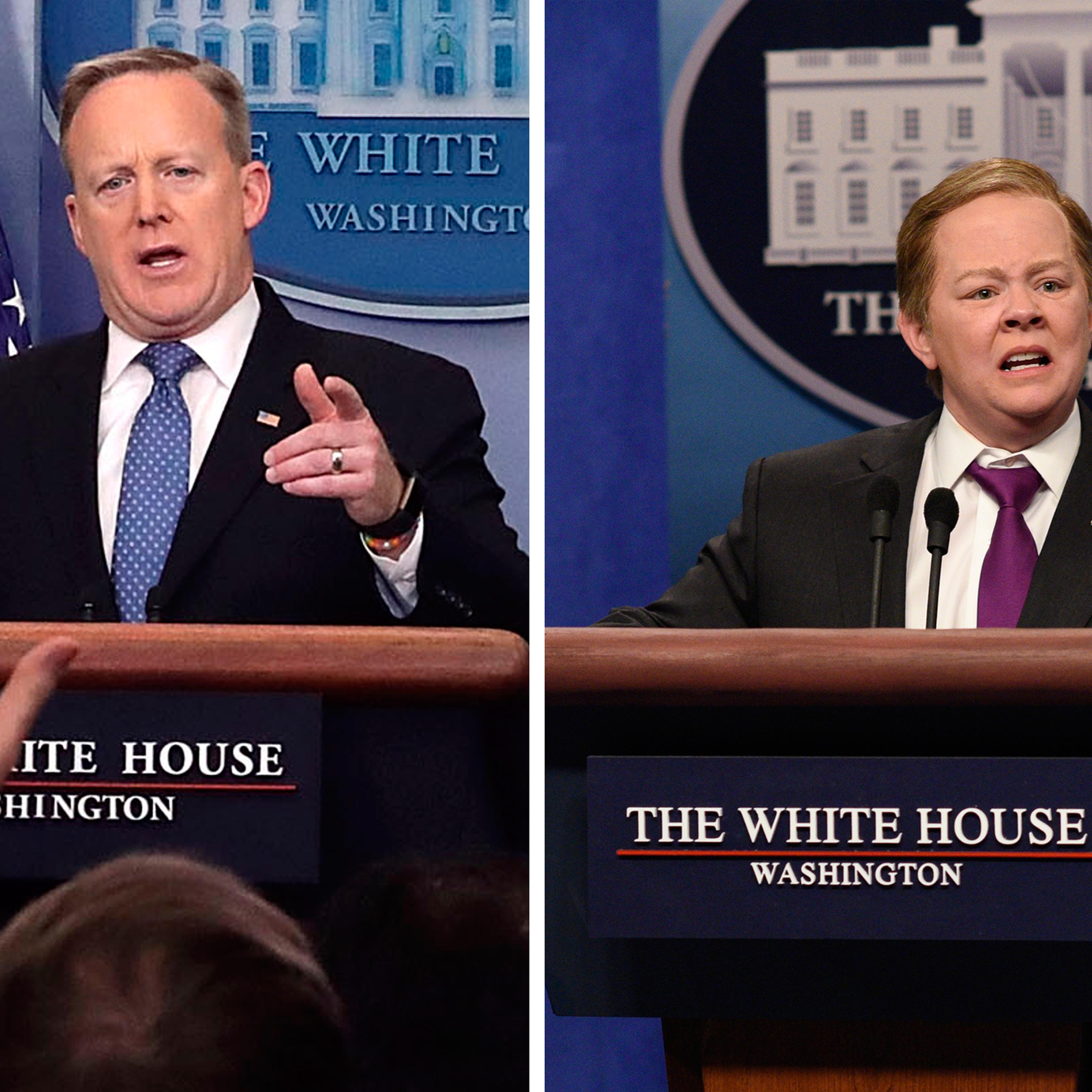 SATURDAY NIGHT LIVE -- "Alec Baldwin" Episode 1718 -- Pictured: Melissa McCarthy as Press Secretary Sean Spicer during the "Sean Spicer Press Conference Cold Open" on February 11, 2017 -- (Photo by: Will Heath/NBC/NBCU Photo Bank via Getty Images)