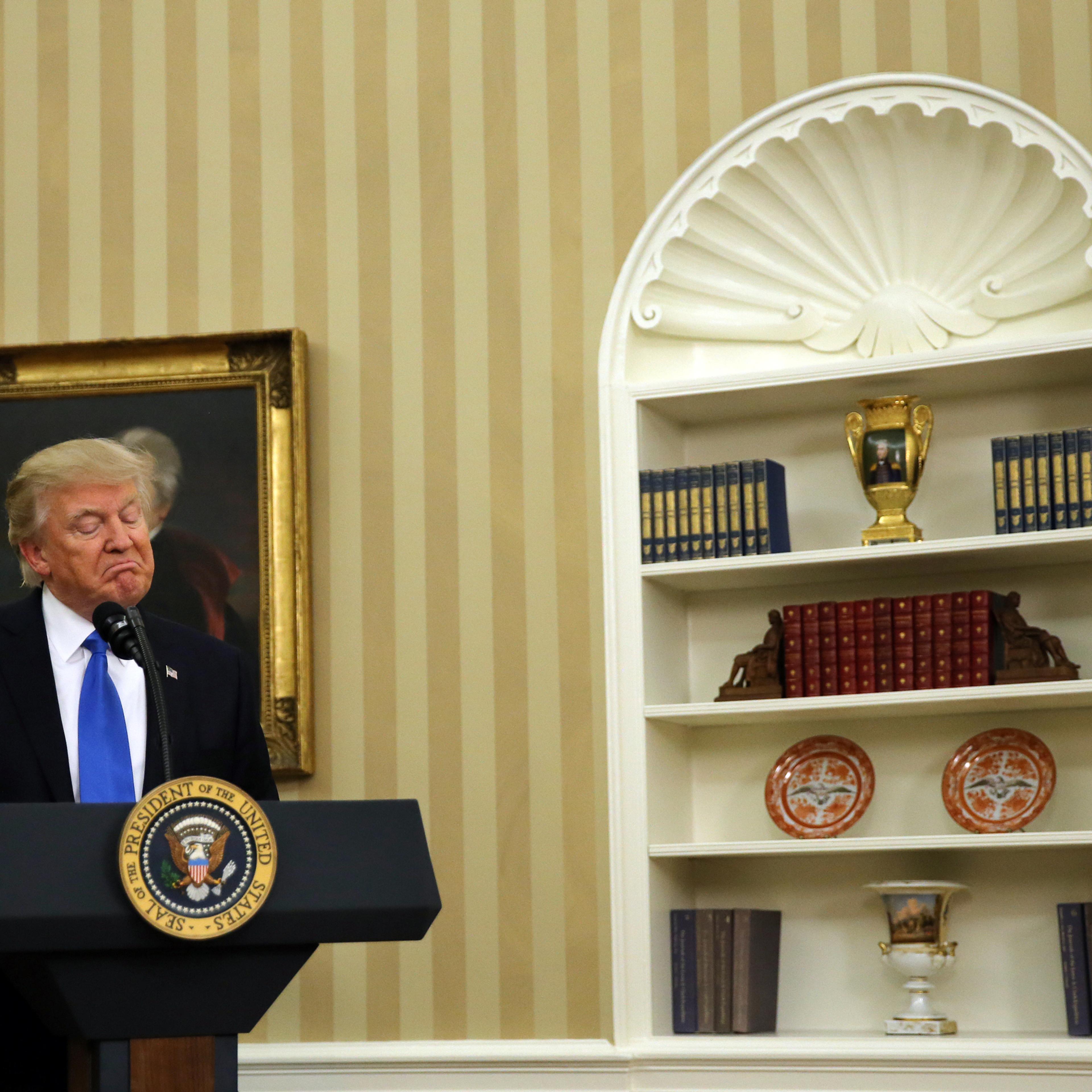 U.S. President Donald Trump speaks during the swearing-in ceremony for the new U.S. Secretary of State Rex Tillerson (not pictured) at the Oval Office of the White House in Washington, DC, U.S., February 1, 2017. REUTERS/Carlos Barria TPX IMAGES OF THE D