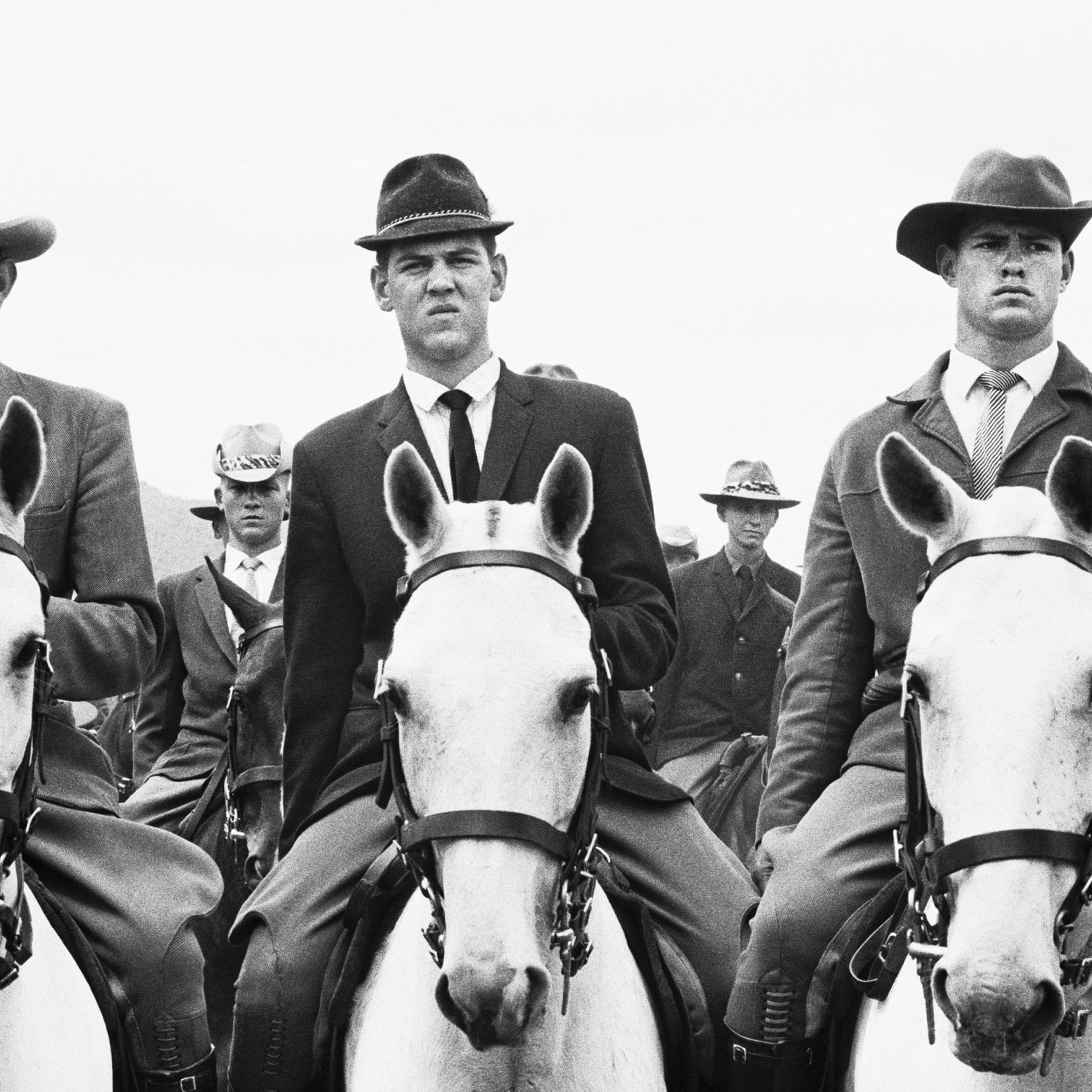 The commando of National Party stalwarts which escorted prime minister and National Party leader Hendrik Verwoerd and his wife Betsie to the party's 50th anniversary celebrations at de Wildt, Transvaal. 1964