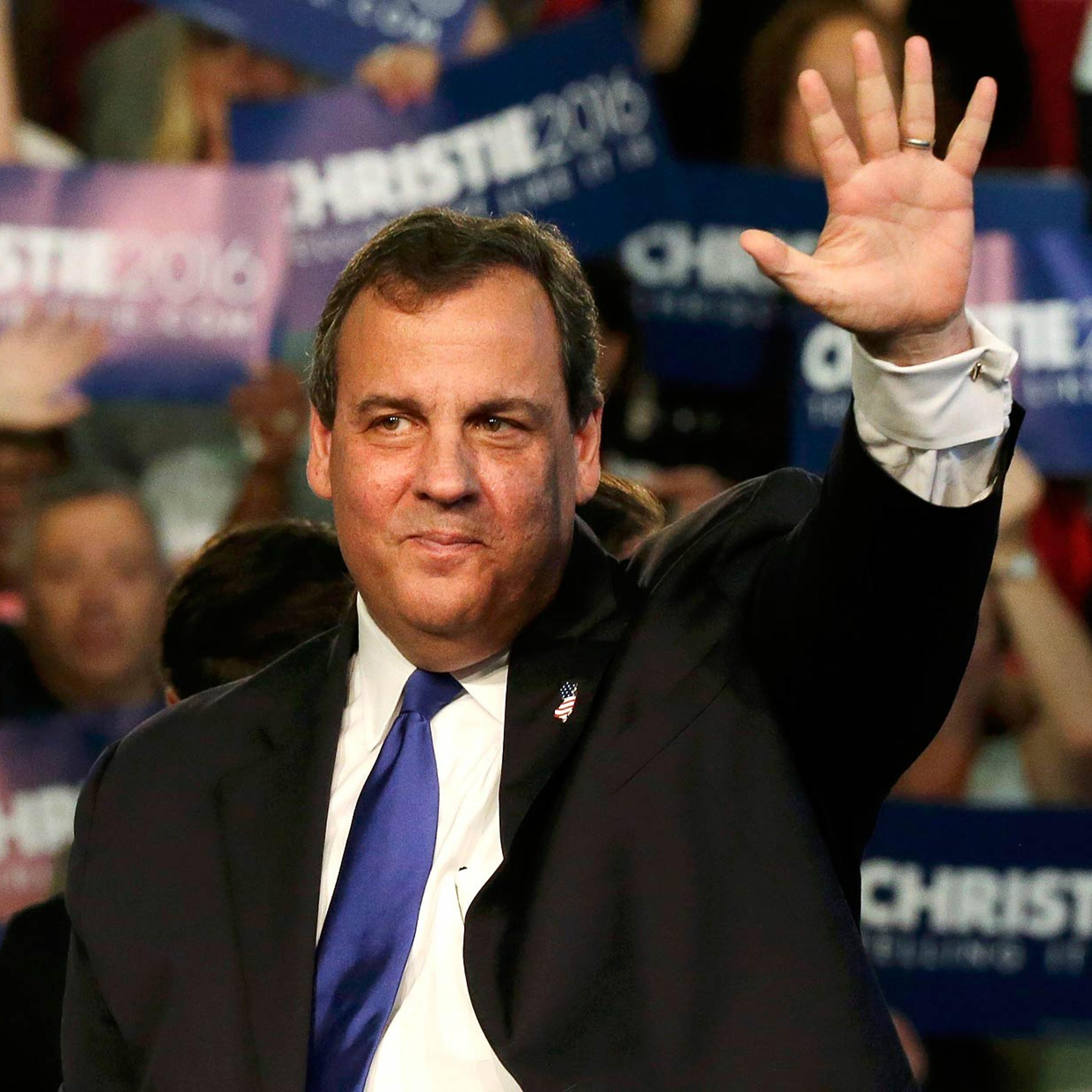 Republican U.S. presidential candidate Christie acknowledges supporters during a kickoff rally in Livingston, New Jersey
