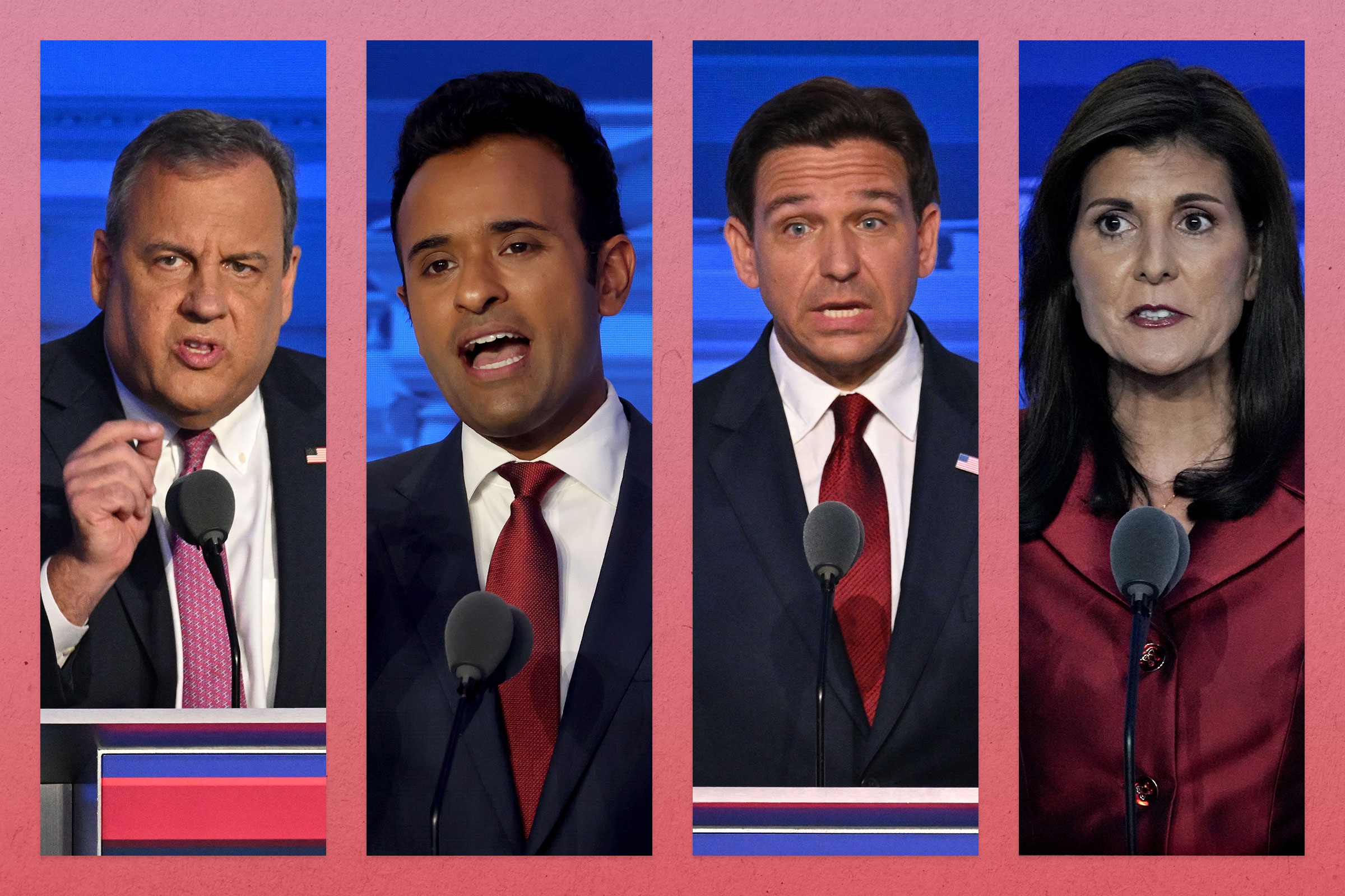 Former Governor of New Jersey Chris Christie; Vivek Ramaswamy; Florida Governor Ron DeSantis; Former ambassador to the U.N. Nikki Haley