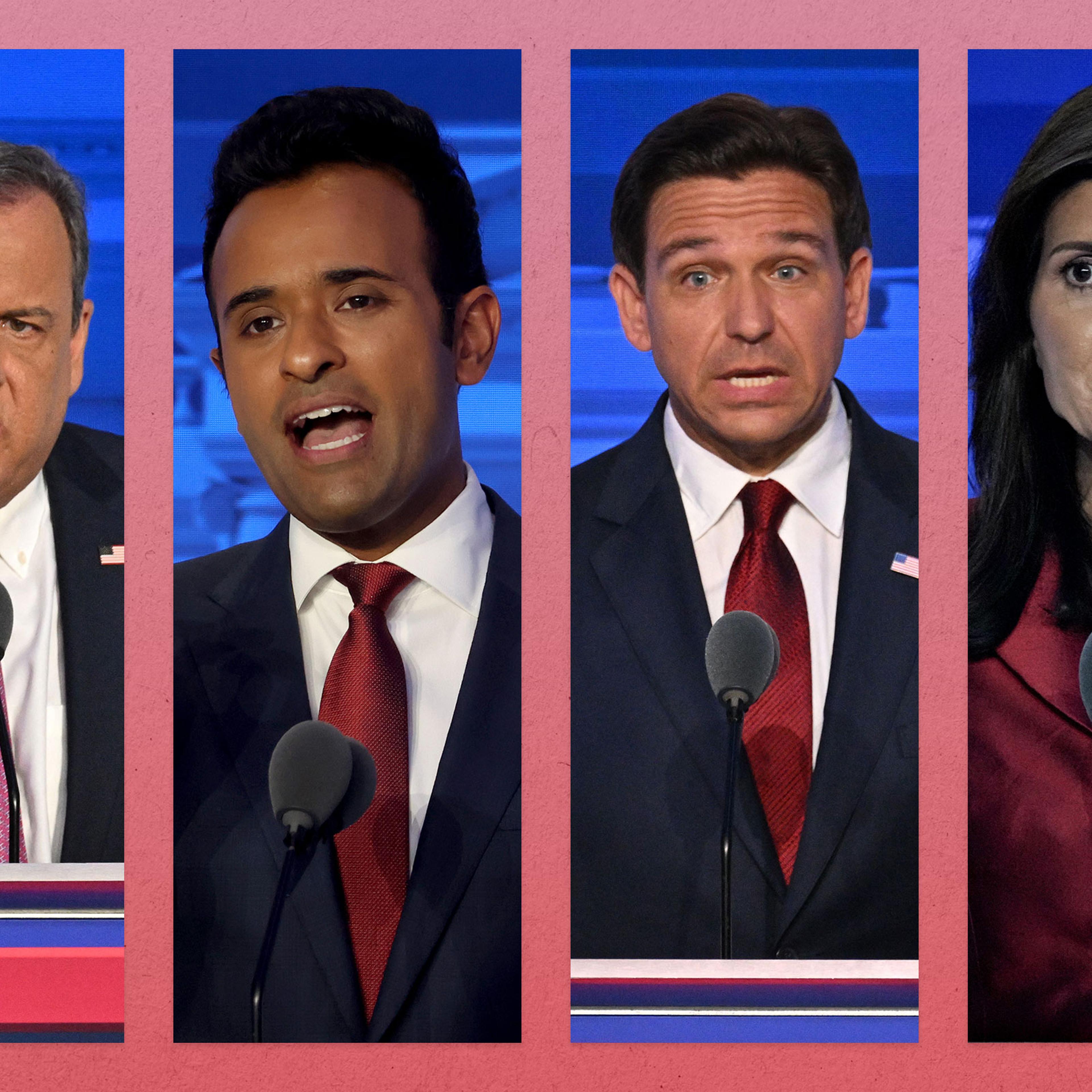 Former Governor of New Jersey Chris Christie; Vivek Ramaswamy; Florida Governor Ron DeSantis; Former ambassador to the U.N. Nikki Haley