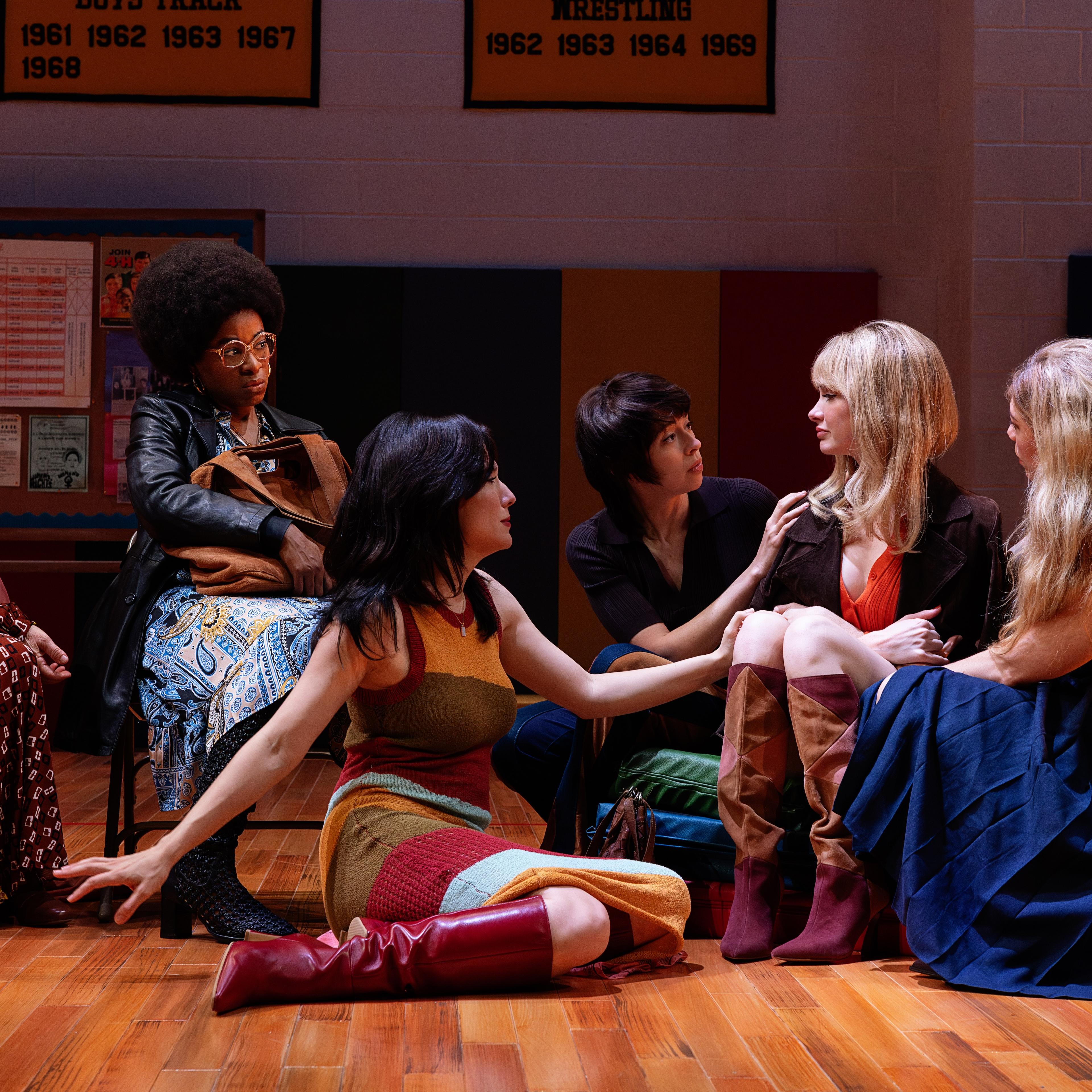 Betsy Aidem, Kristolyn Lloyd, Irene Sofia Lucio, Adina Verson, Audrey Corsa and Susannah Flood in the Broadway production of Liberation by Bess Wohl, directed by Whitney White