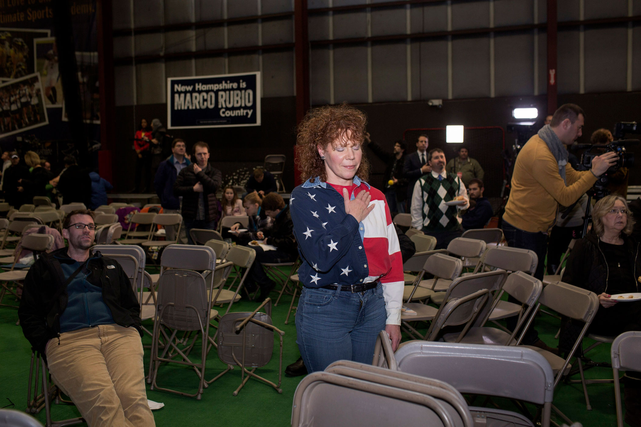 A supporter of Republican presidential candidate, Florida Sen. Marco Rubio attends a campaign event at the Ultimate Sports Academy in Manchester, N.H. on Feb. 7, 2016.