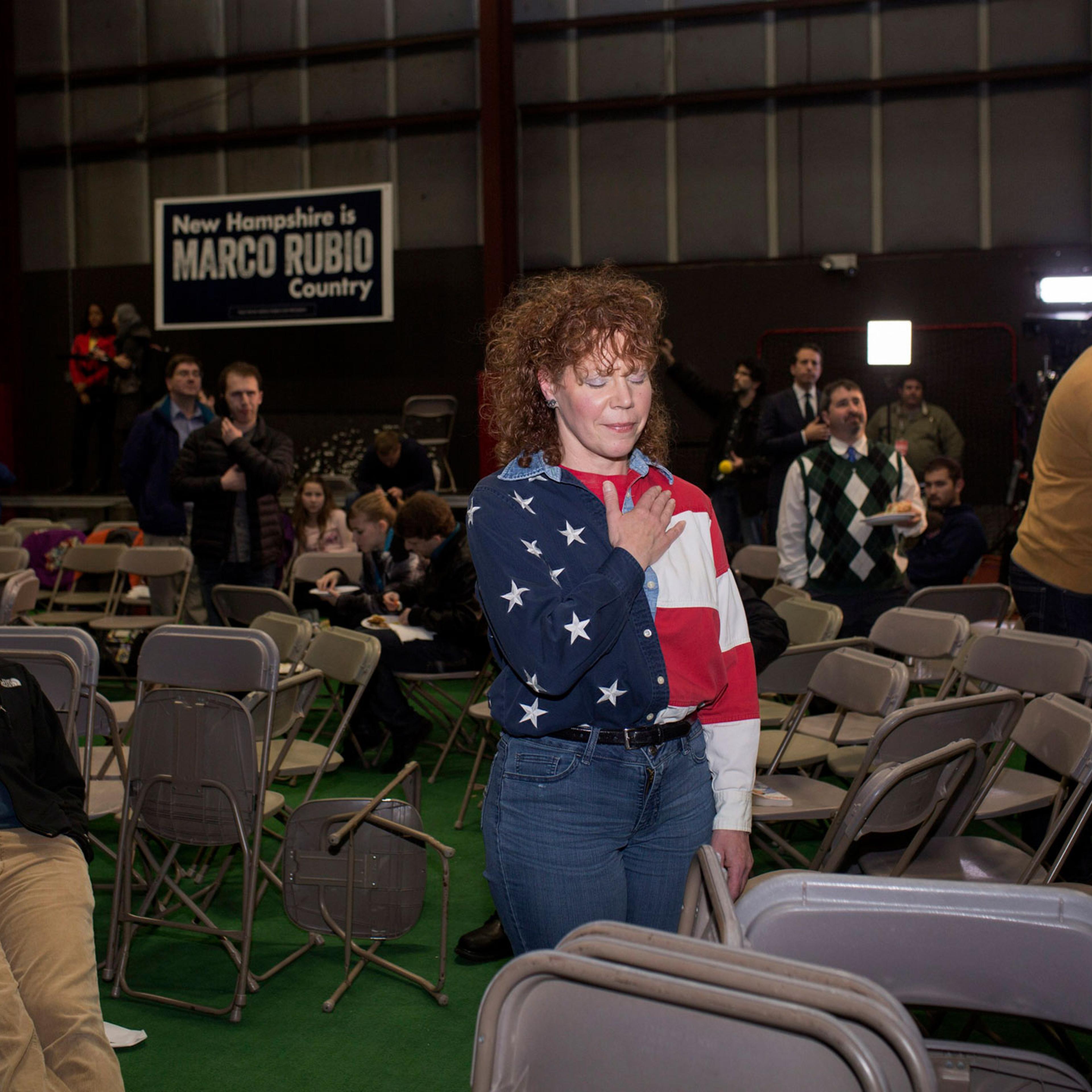 A supporter of Republican presidential candidate, Florida Sen. Marco Rubio attends a campaign event at the Ultimate Sports Academy in Manchester, N.H. on Feb. 7, 2016.