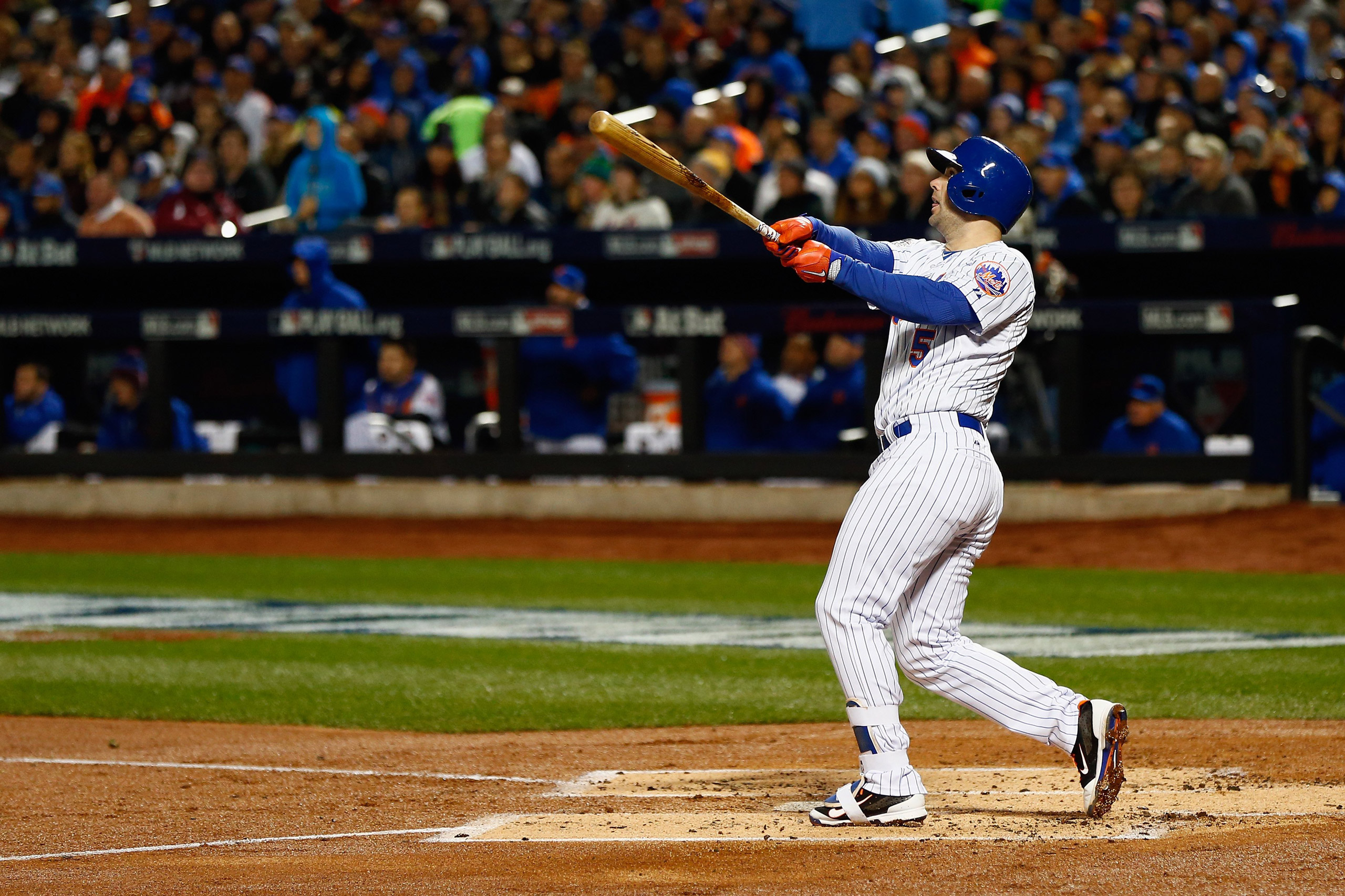 NEW YORK, NY - OCTOBER 30: David Wright #5 of the New York Mets hits a two run home run in the first inning against the Kansas City Royals during Game Three of the 2015 World Series at Citi Field on October 30, 2015 in the Flushing neighborhood of the Qu
