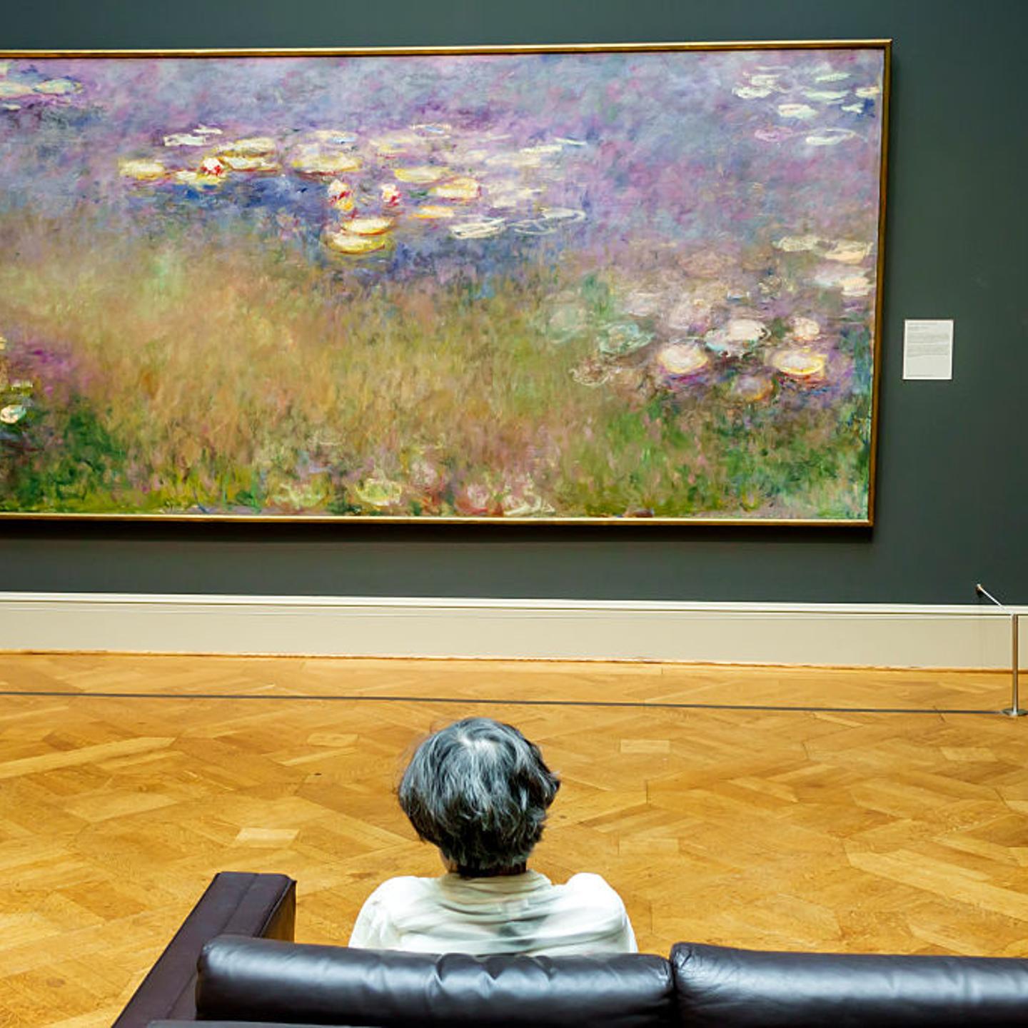 A woman looking at an oil painting called Water Lillies by Claude Monet in Saint Louis Art Museum.