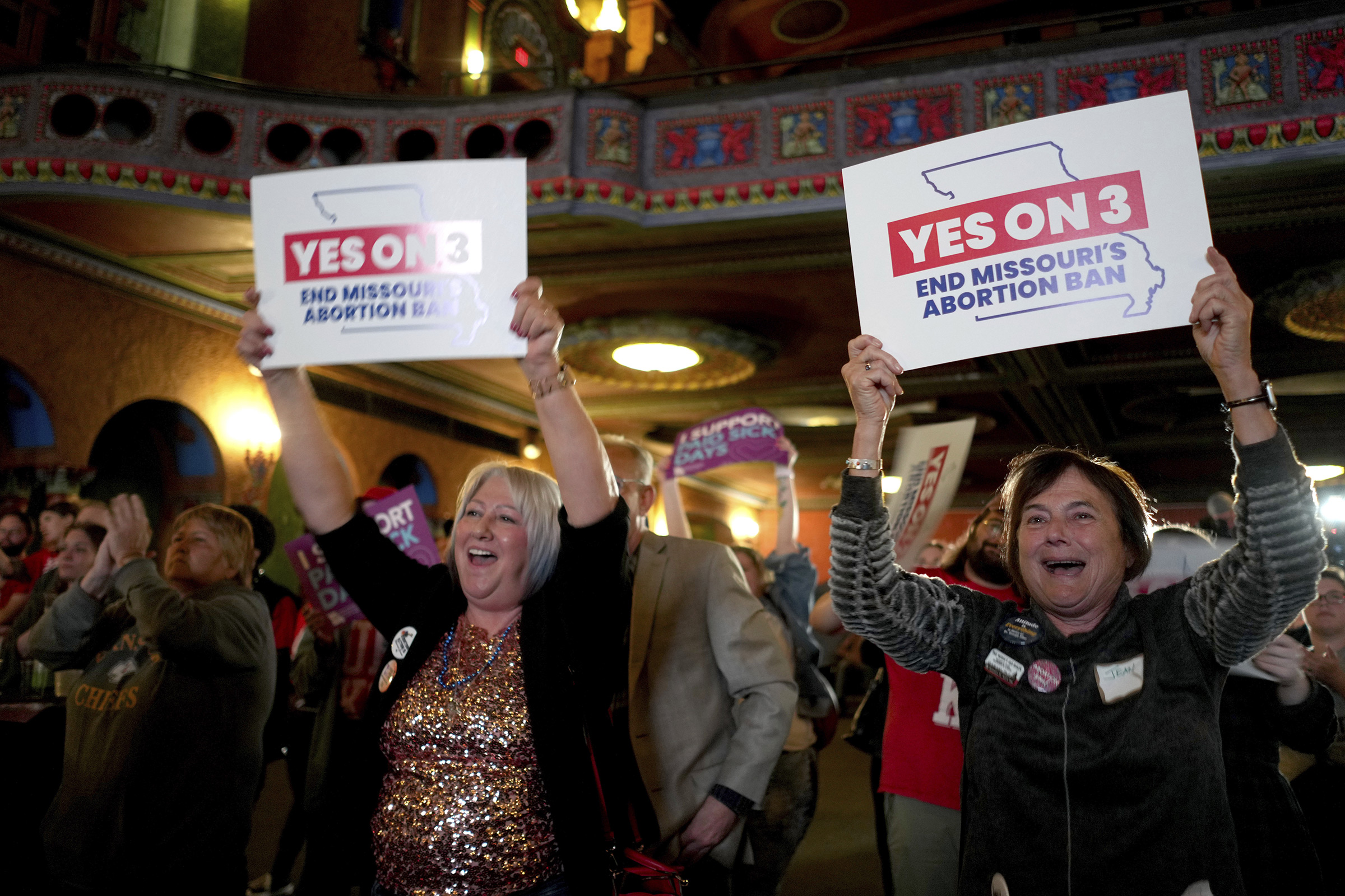 People at an election night watch party react after an abortion rights amendment to the Missouri constitution passed, in Kansas City, Mo., on Nov. 5, 2024.
