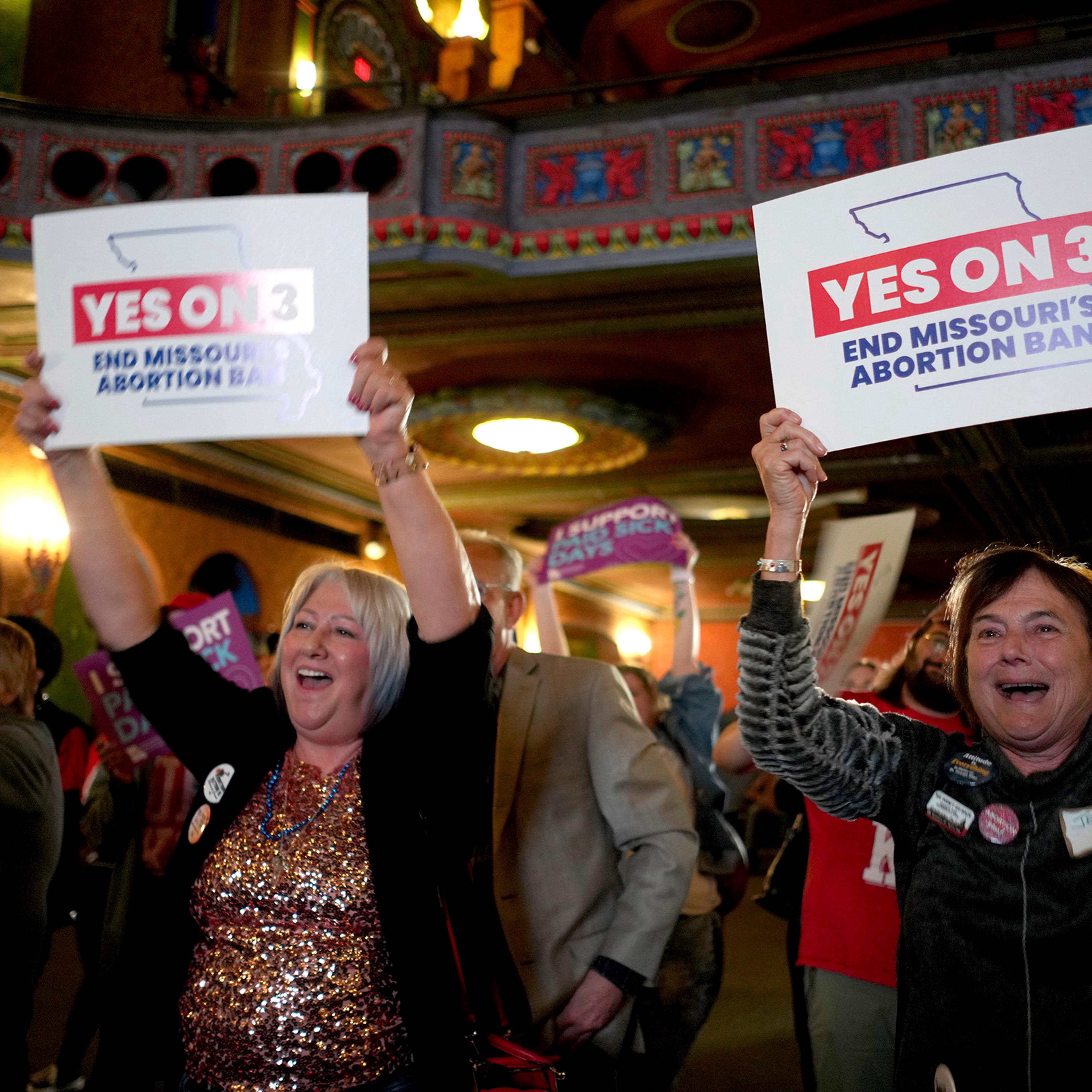 People at an election night watch party react after an abortion rights amendment to the Missouri constitution passed, in Kansas City, Mo., on Nov. 5, 2024.