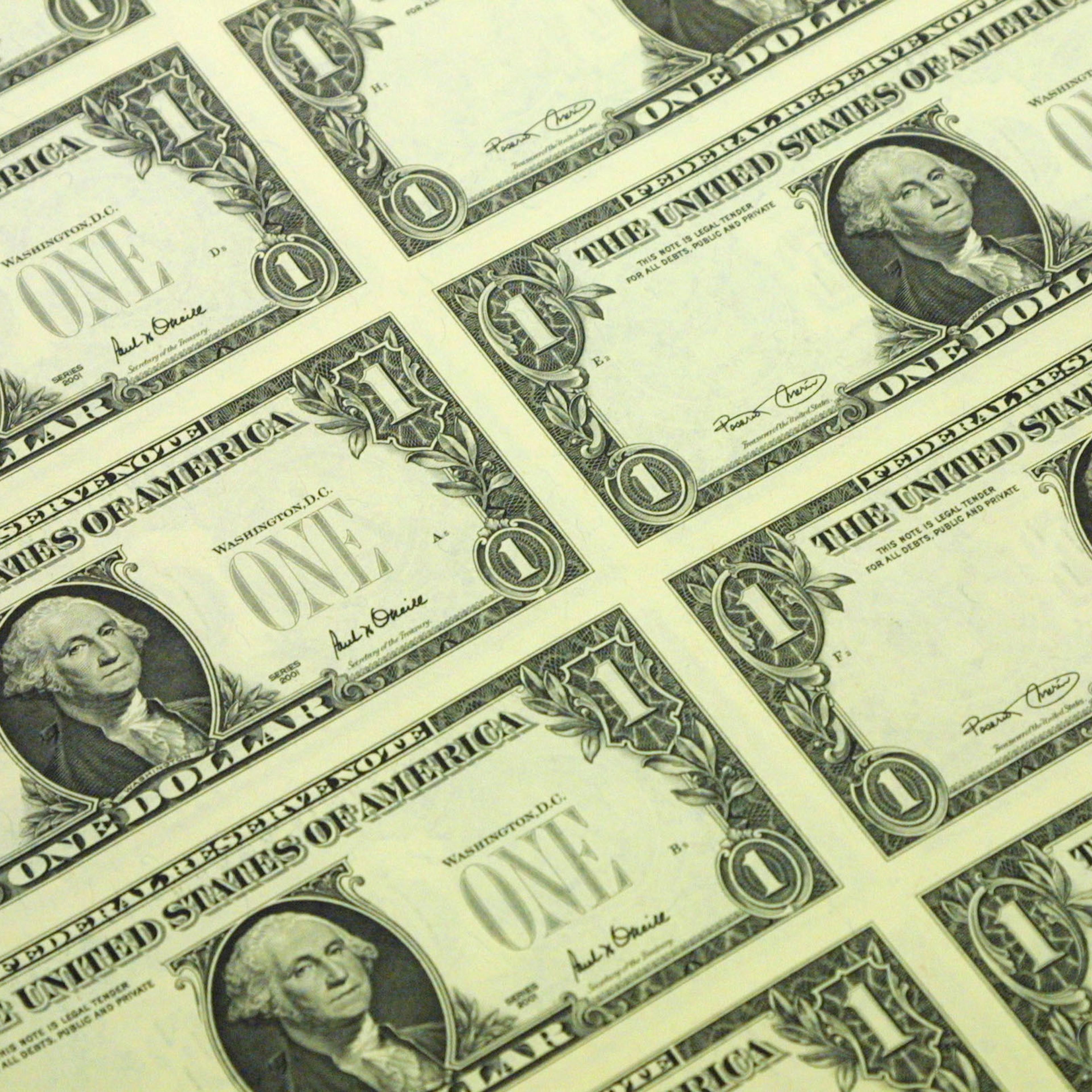An uncut sheet of the new Series 2001 one dollar bill notes is stored Nov. 21, 2001 at the Bureau of Engraving and Printing in Washington, DC.