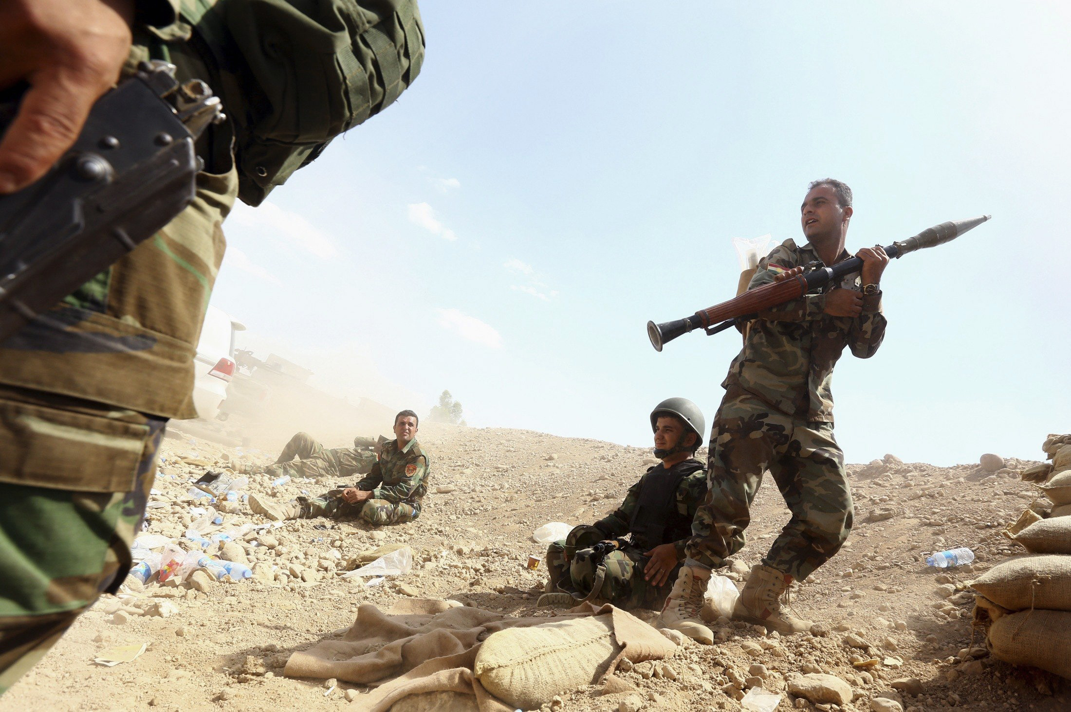 Kurdish "peshmerga" troops take part in an intensive security deployment against Islamic State militants, on the outskirts of the province of Nineveh