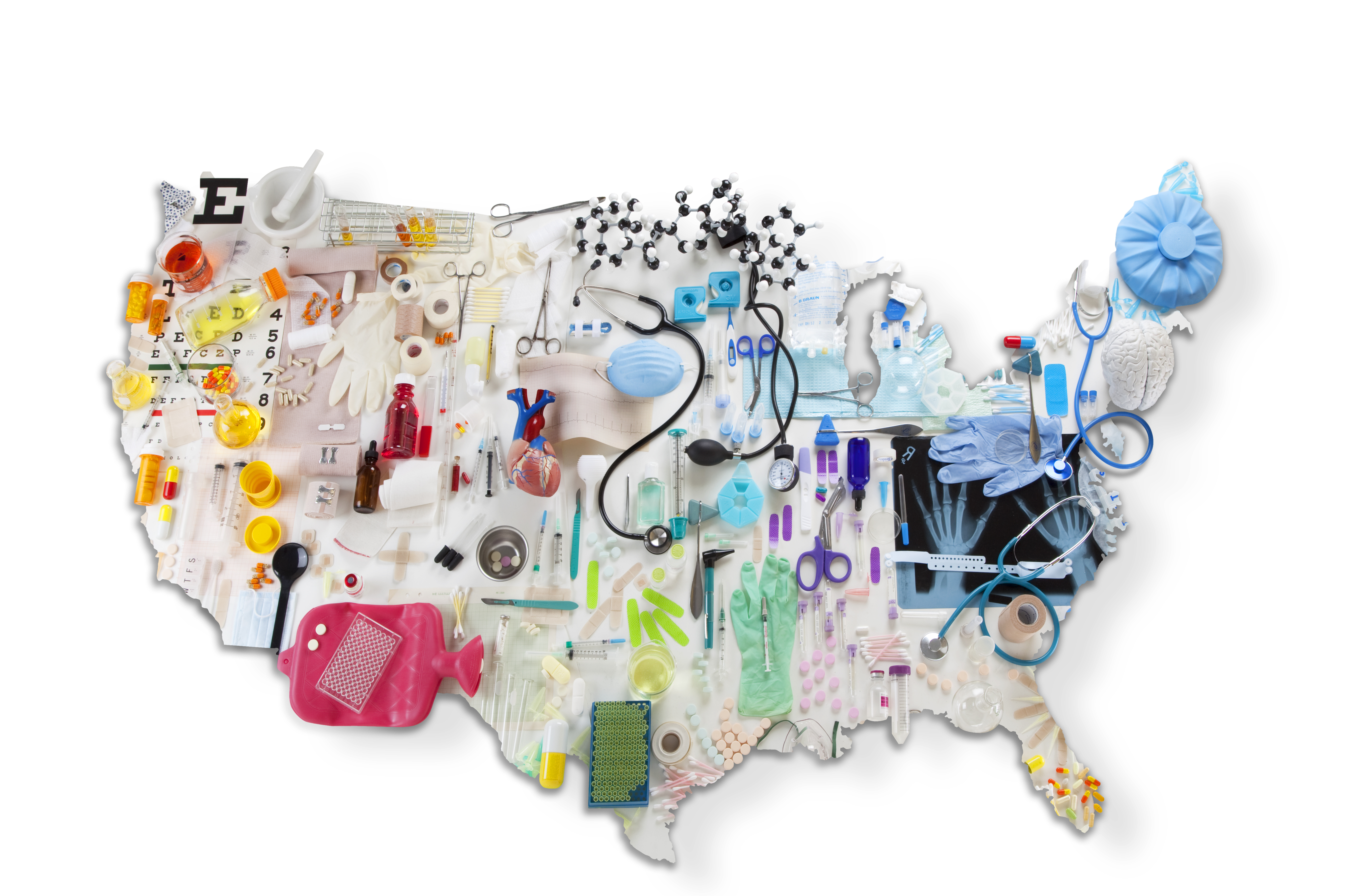 US map made of medical tools and healthcare items