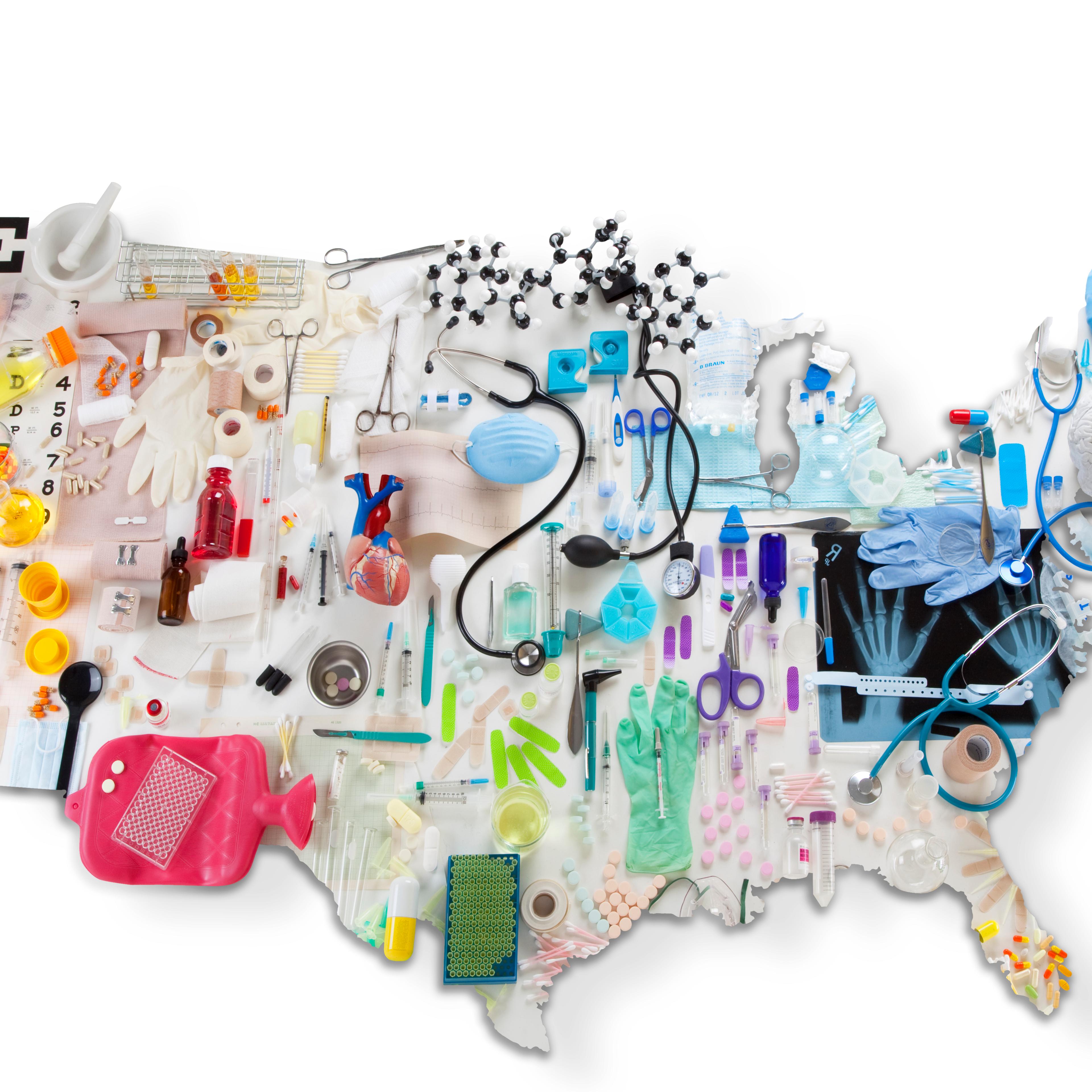US map made of medical tools and healthcare items