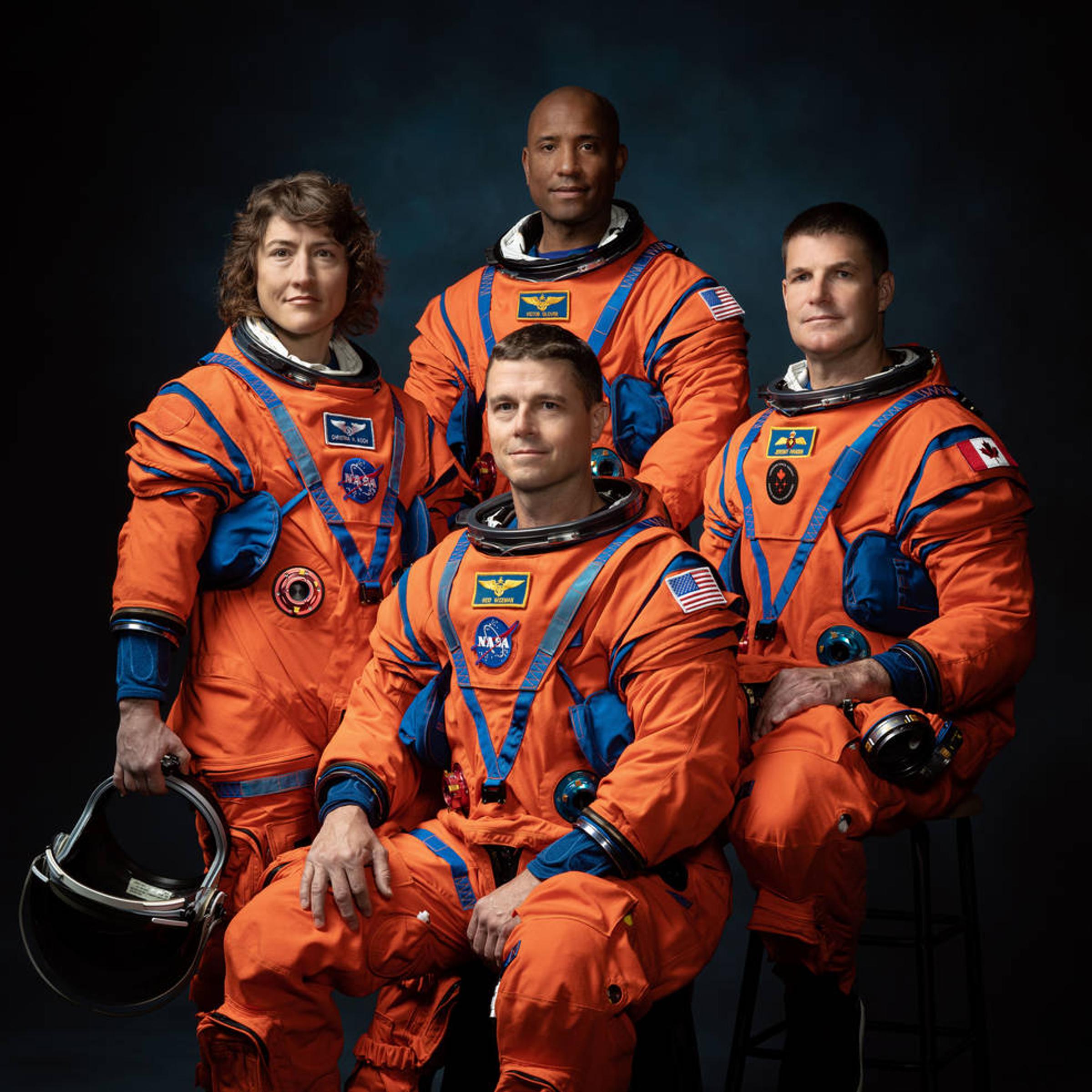 PHOTO DATE: March 29, 2023. LOCATION: Bldg. 8, Room 183 - Photo Studio. SUBJECT: Official crew portrait for Artemis II, from left: NASA Astronauts Christina Koch, Victor Glover, Reid Wiseman, Canadian Space Agency Astronaut Jeremy Hansen. PHOTOGRAPHER: J