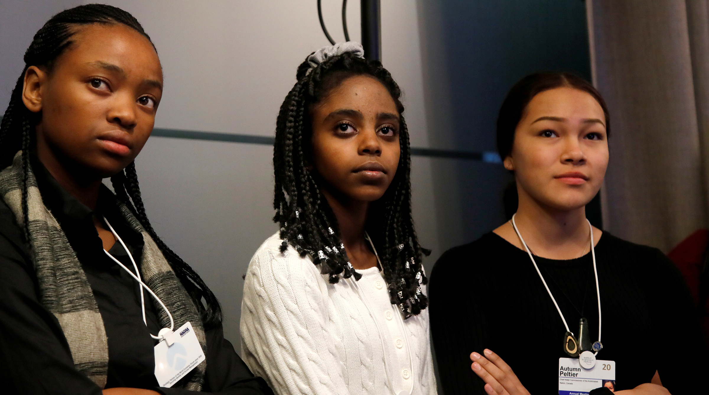 Naomi Wadler, center, takes part in a forum with Ayakha Melithafa and Autumn Peltier during the World Economic Forum in Davos, Switzerland Jan. 20, 2020.