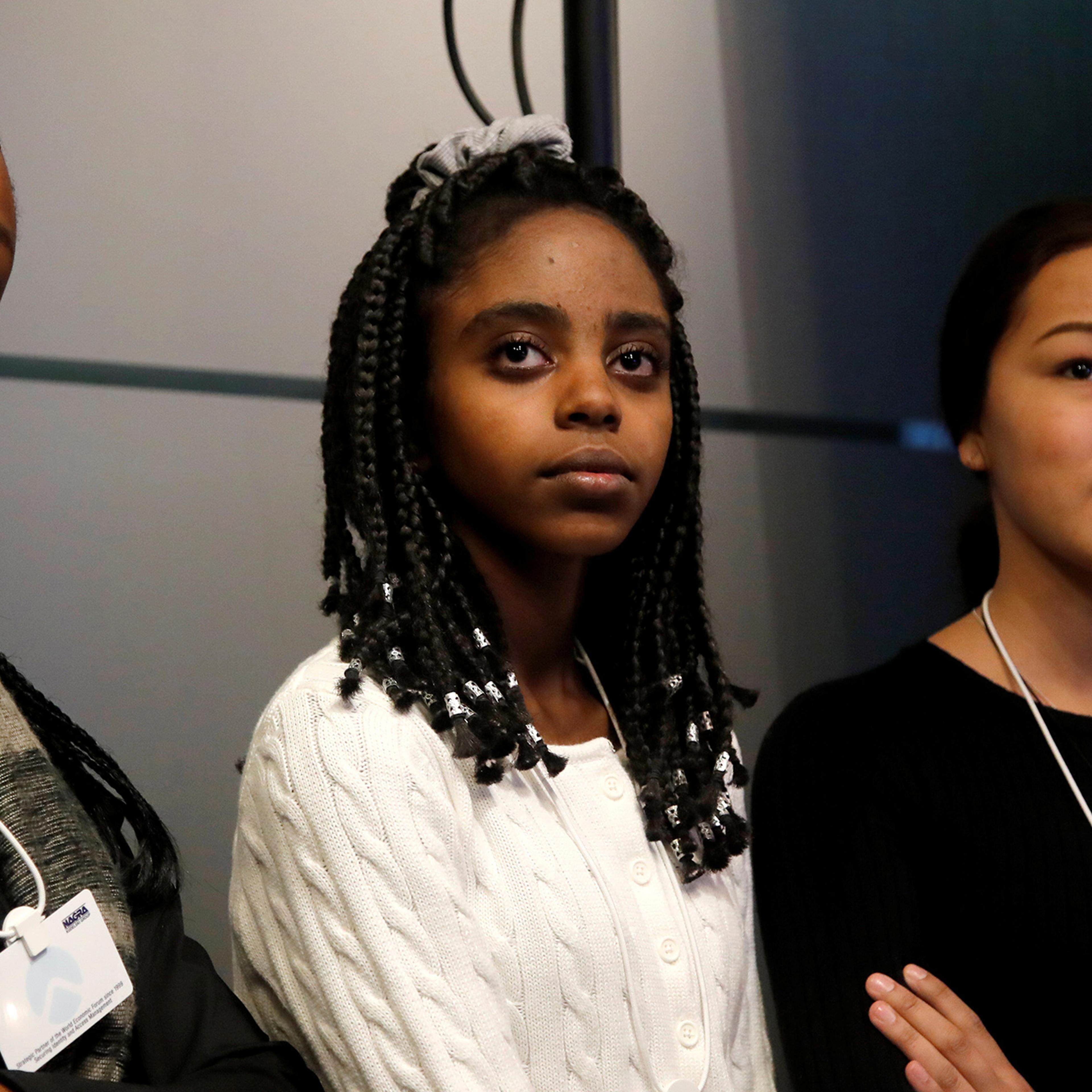 Naomi Wadler, center, takes part in a forum with Ayakha Melithafa and Autumn Peltier during the World Economic Forum in Davos, Switzerland Jan. 20, 2020.