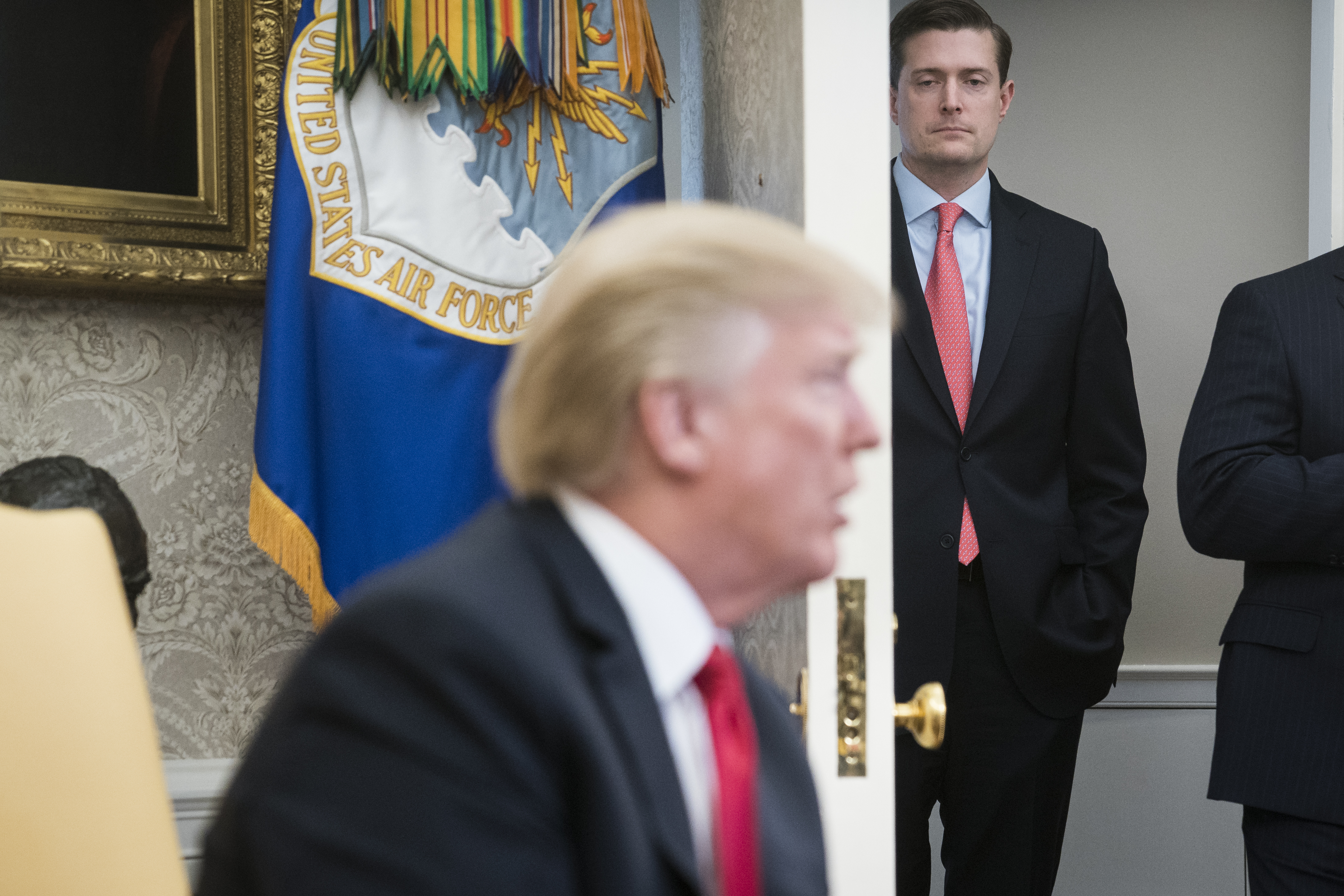 White House Staff Secretary Rob Porter watches as President Donald Trump speaks during a meeting with North Korean defectors in the Oval Office at the White House in Washington, DC on Friday, Feb. 02, 2018.