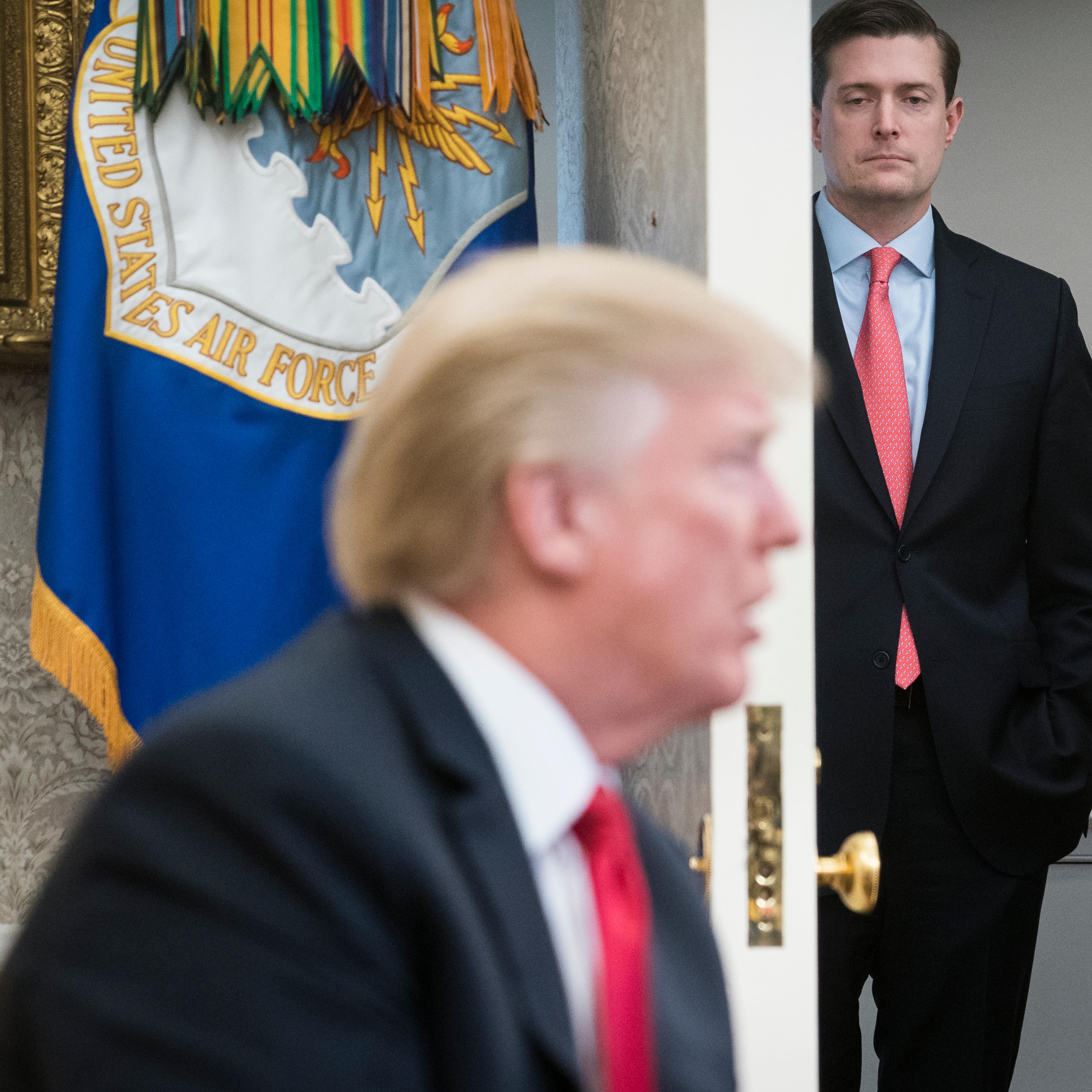 White House Staff Secretary Rob Porter watches as President Donald Trump speaks during a meeting with North Korean defectors in the Oval Office at the White House in Washington, DC on Friday, Feb. 02, 2018.