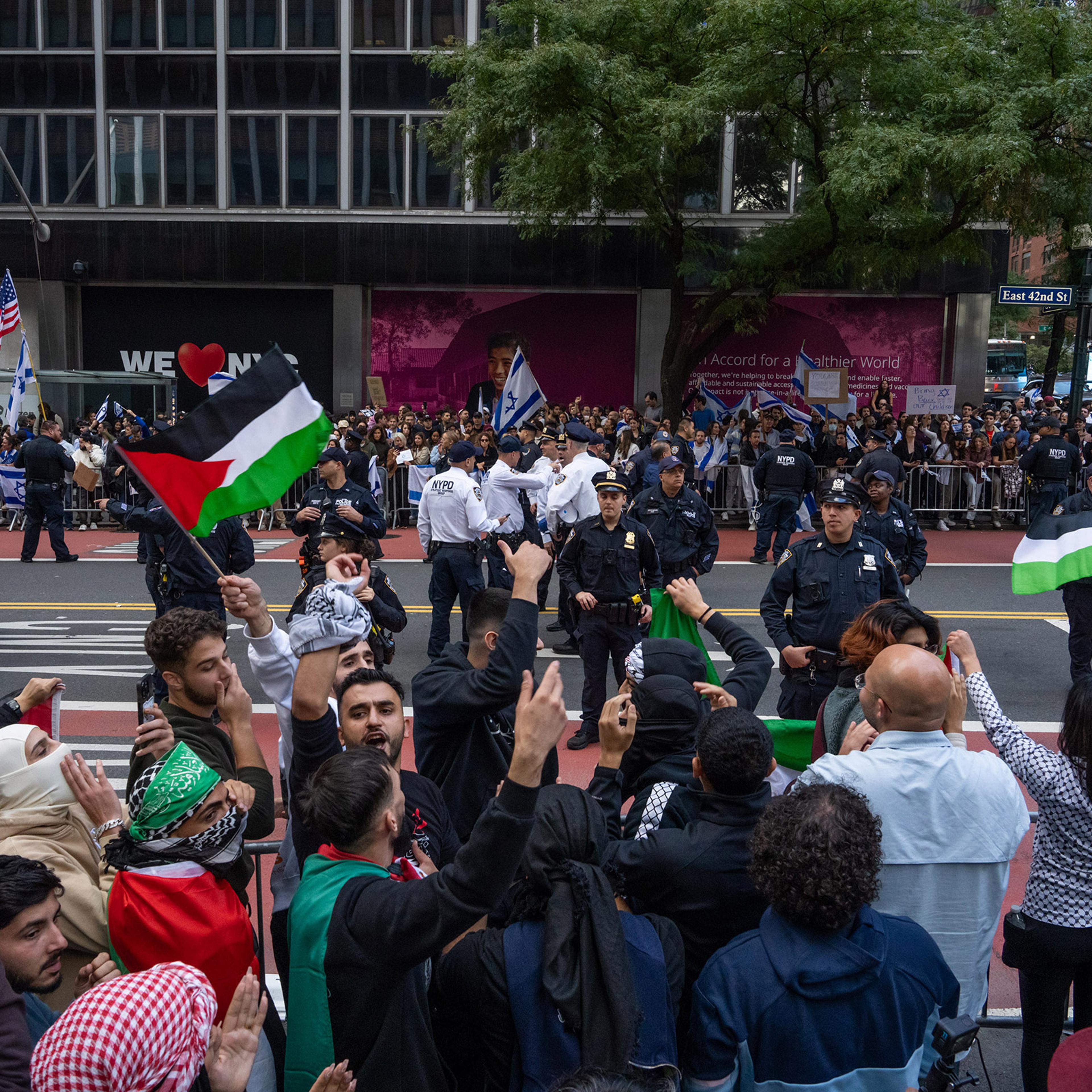 Opposing groups protest in support of Palestine and Israel near the Israeli Consulate in New York City, on Oct. 8, 2023.