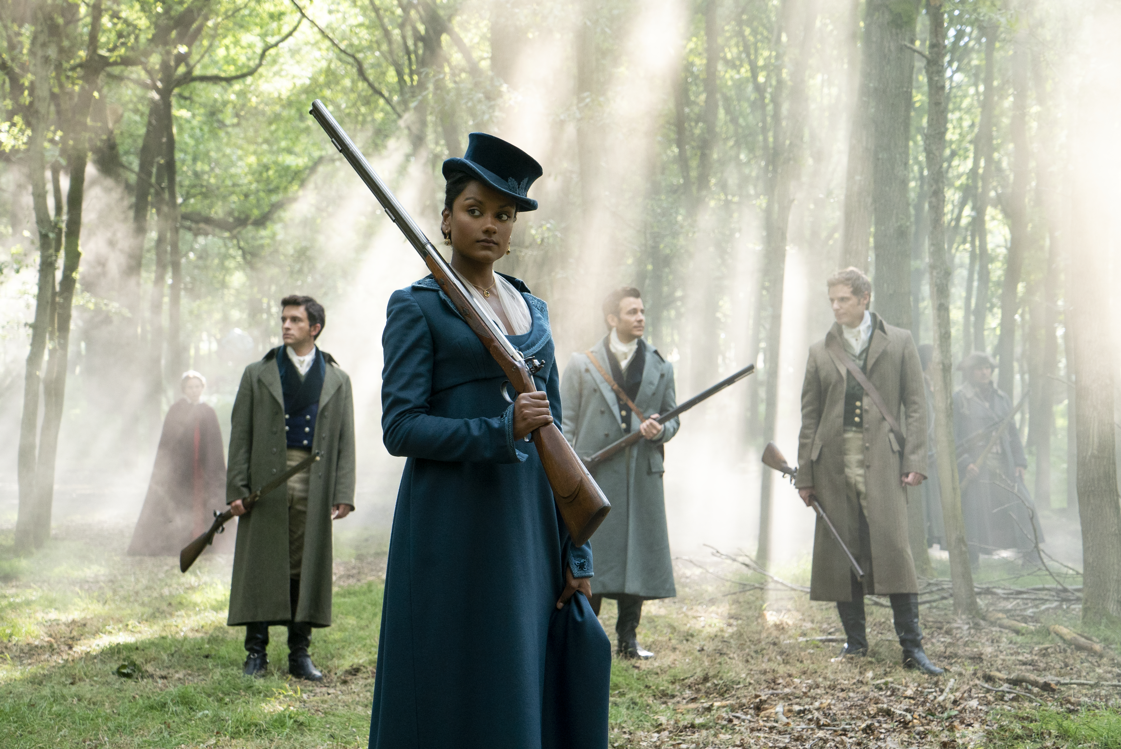 Bridgerton. (L to R) Jonathan Bailey as Anthony Bridgerton, Simone Ashley as Kate Sharma, Luke Thompson as Benedict Bridgerton, Rupert Young as Jack in episode 204 of Bridgerton. Cr. Liam Daniel/Netflix © 2022