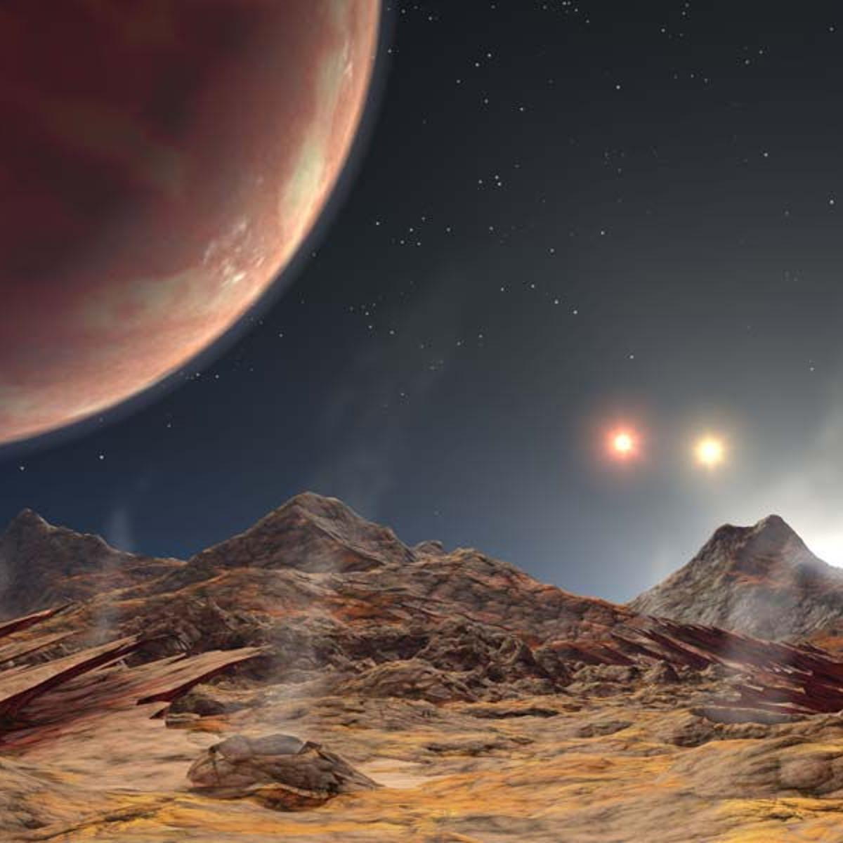 An artist's concept of another known planet to reside in a triple-star system, HD 1885 Ab.