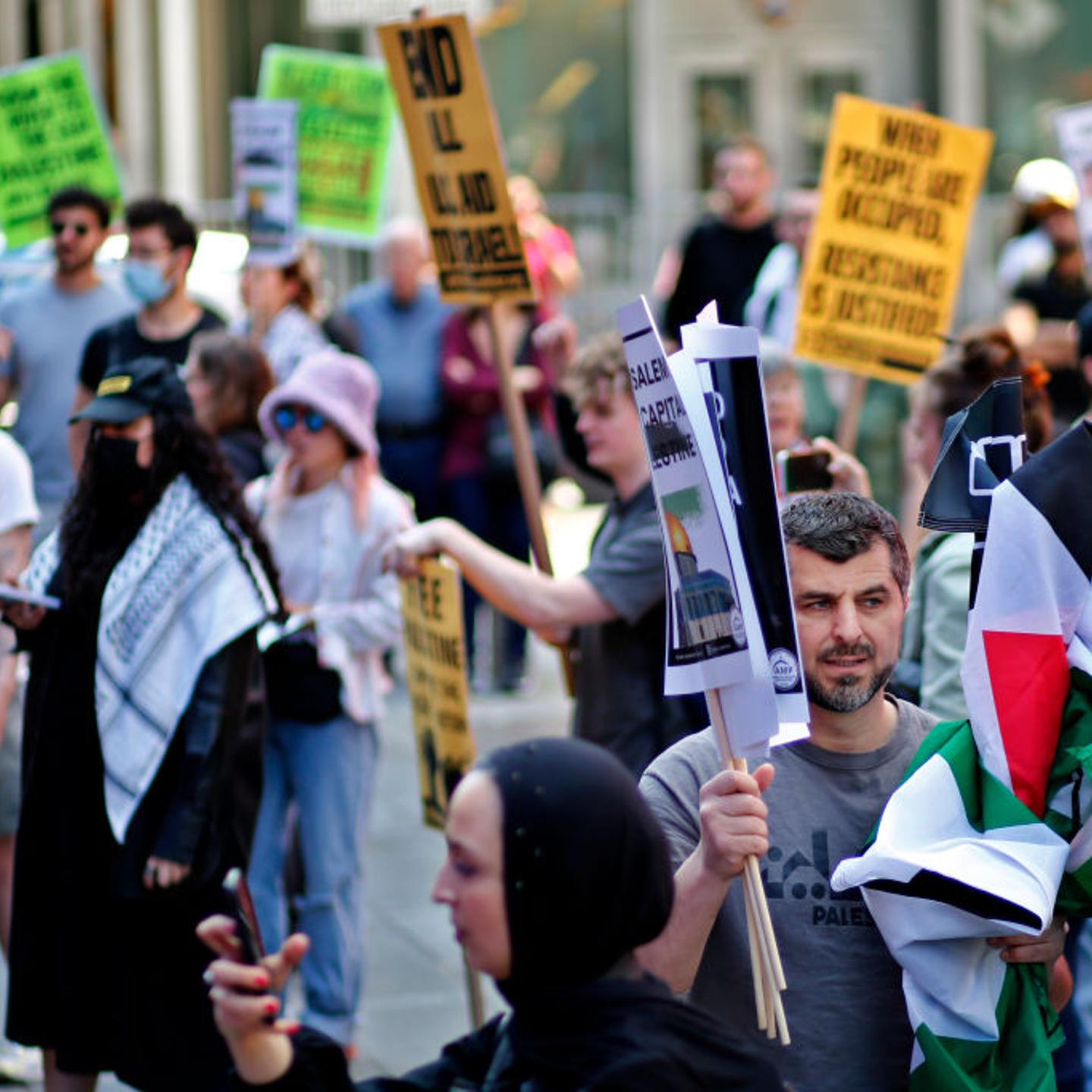 Palestinians and supporters gather to commemorate the 75th anniversary of the Nakba in Times Square on May 14, 2023 in New York City.