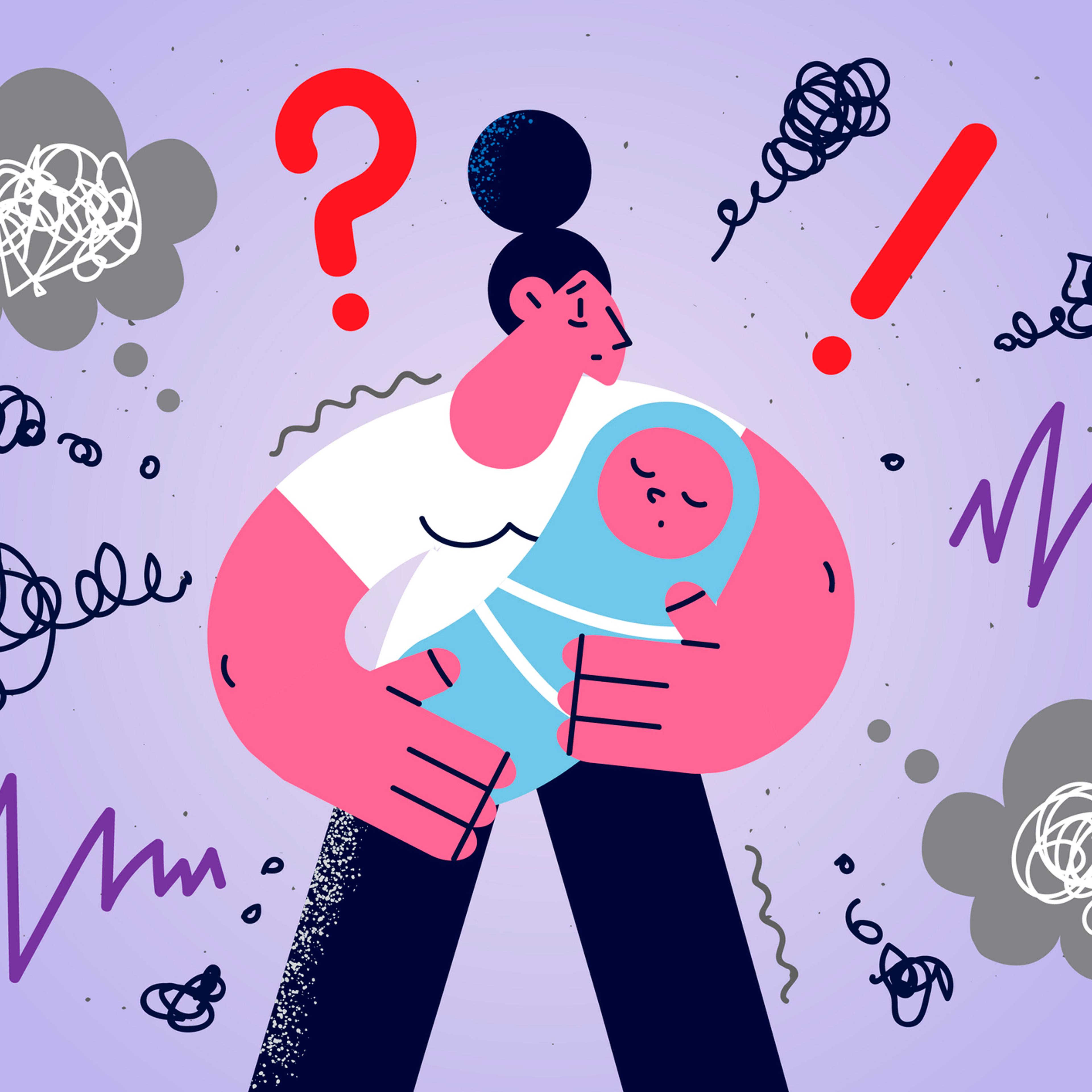 Sad young mother with baby suffer from postpartum depression