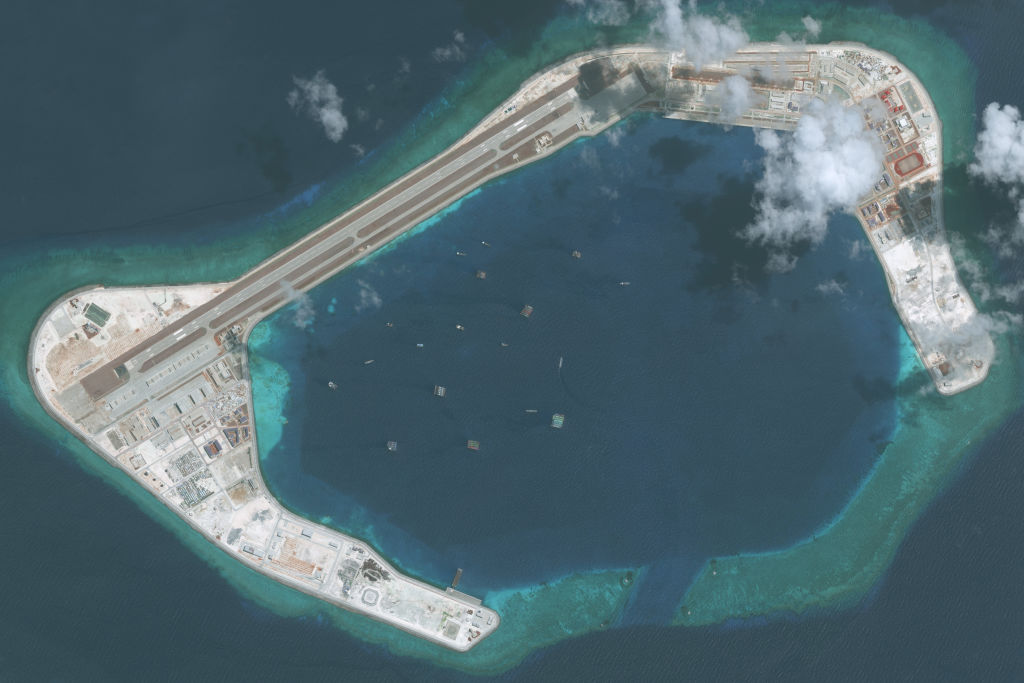 MAY 28, 2018: DigitalGlobe imagery of the Subi Reef in the South China Sea, a part of the Spratly Islands group.  Photo DigitalGlobe via Getty Images.