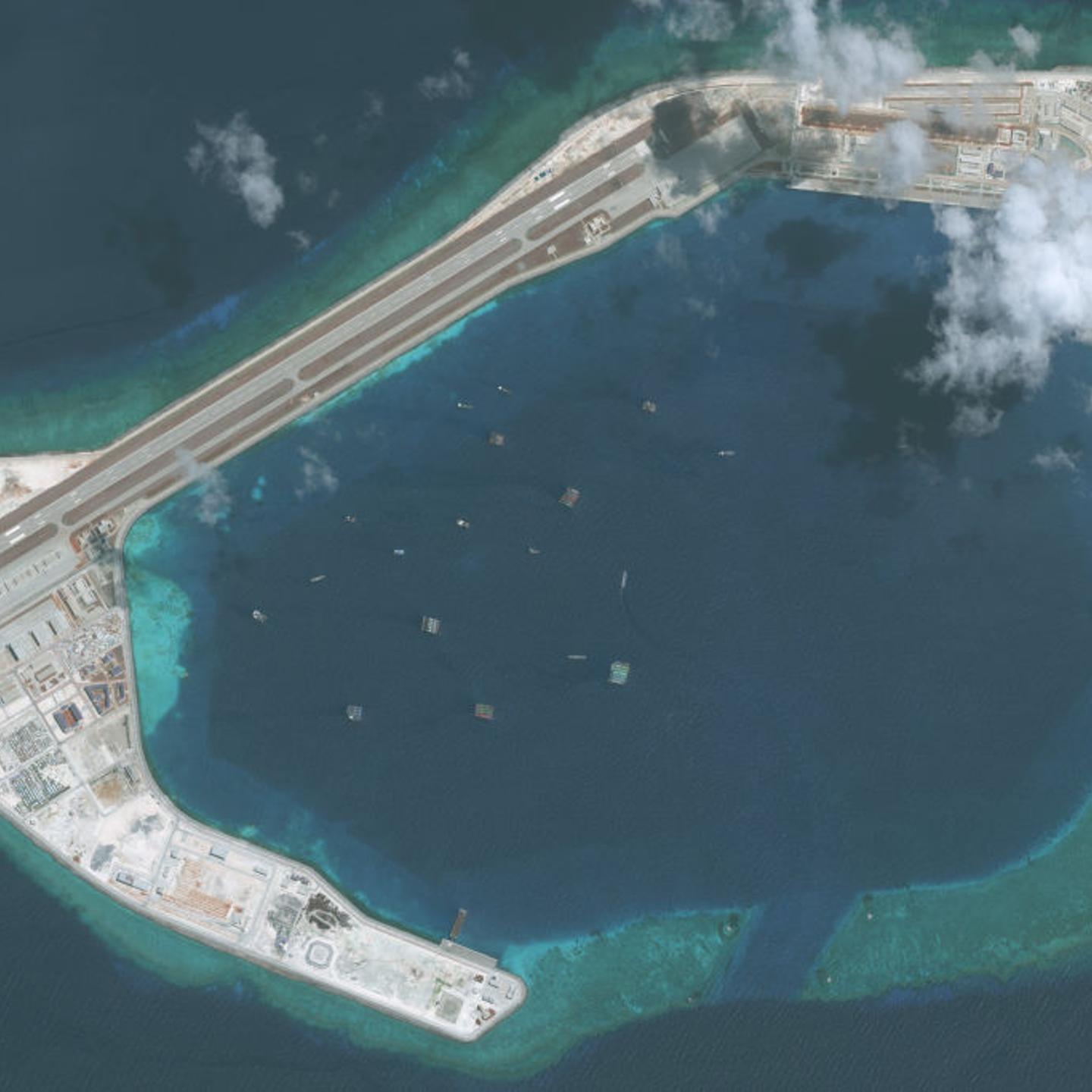 MAY 28, 2018: DigitalGlobe imagery of the Subi Reef in the South China Sea, a part of the Spratly Islands group. Photo DigitalGlobe via Getty Images.
