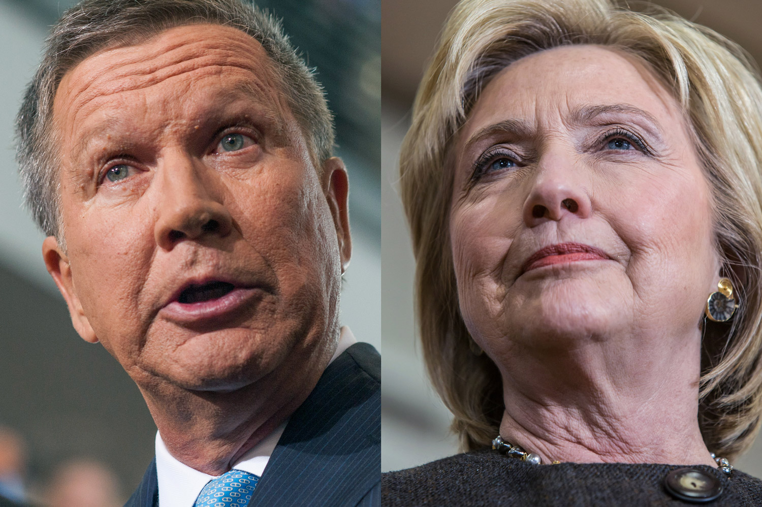 John Kasich  in Columbus, Ohio on July 21, 2015 (L); Hillary Clinton in Knoxville, Iowa on Jan. 25, 2016.