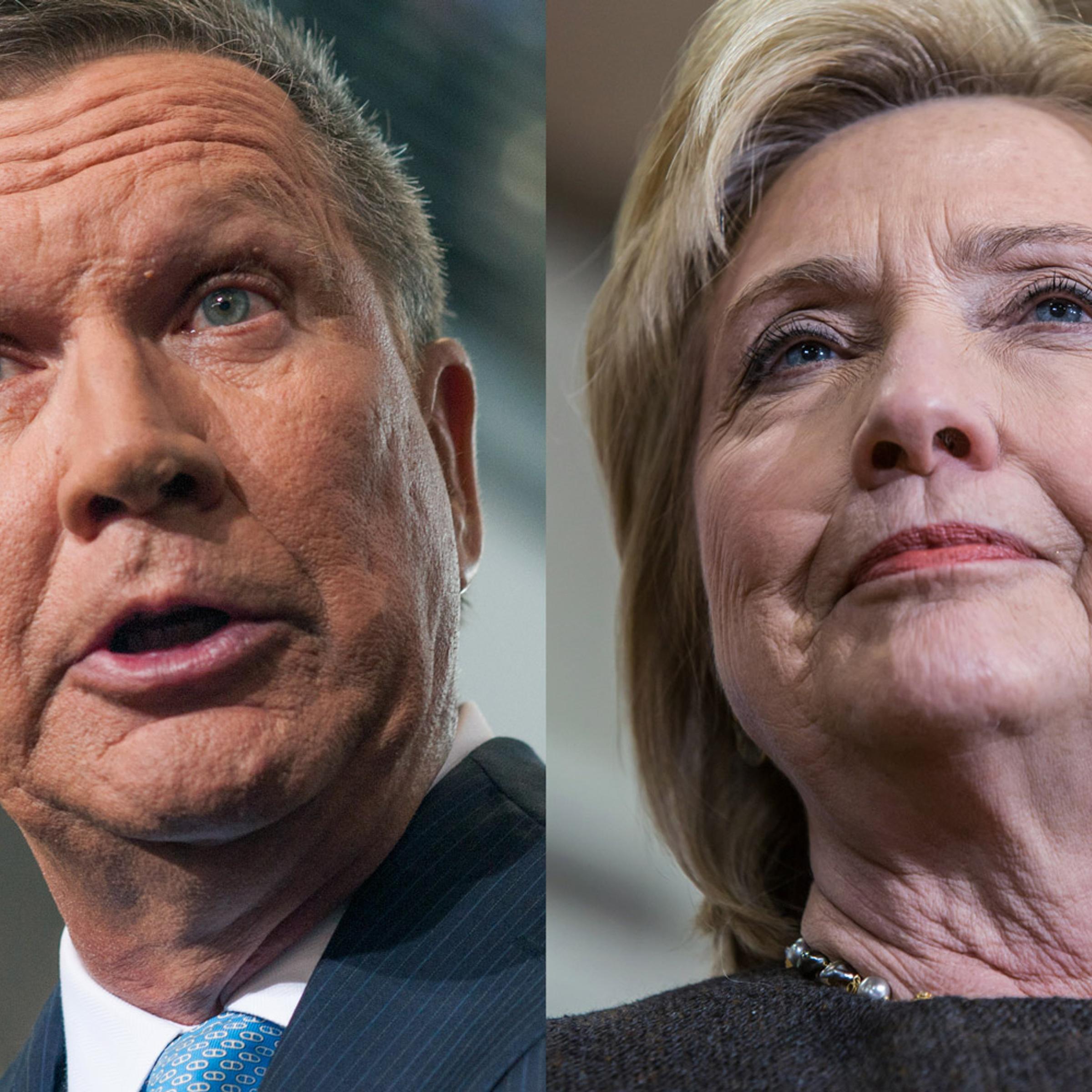 John Kasich in Columbus, Ohio on July 21, 2015 (L); Hillary Clinton in Knoxville, Iowa on Jan. 25, 2016.