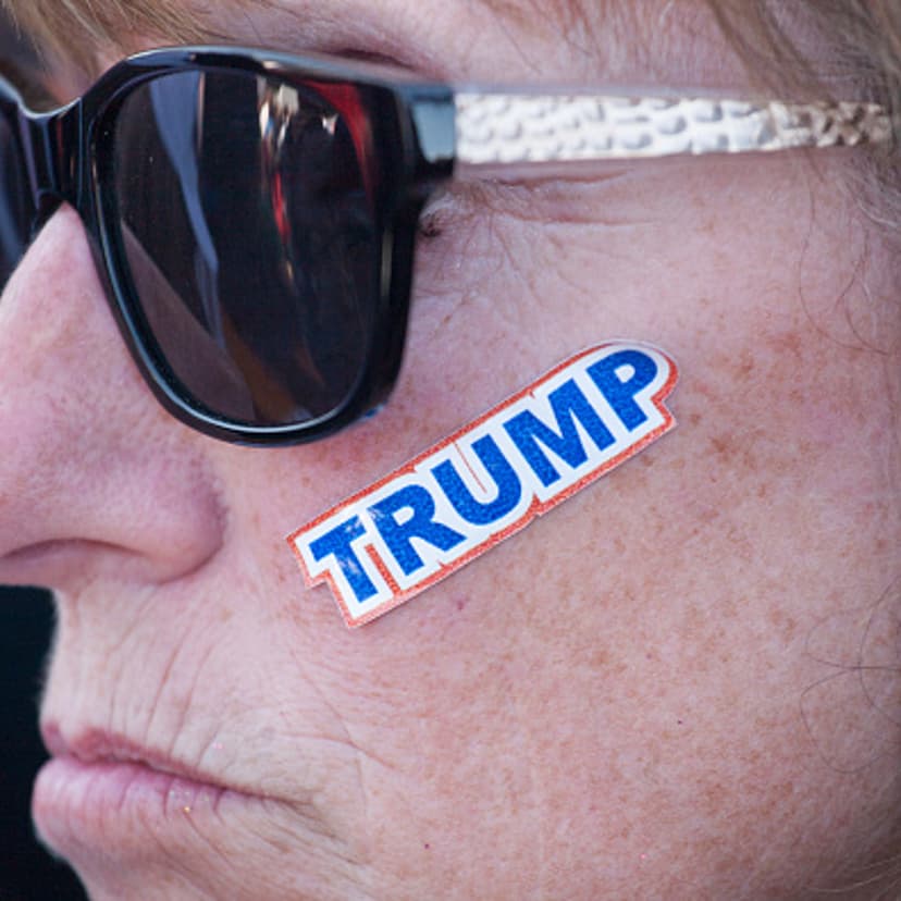 A supporter is seen with a sticker on her face during a Republican presidential candidate Donald Trump rally at the The Northwest Washington Fair and Event Center on May 7, 2016 in Lynden, Washington.