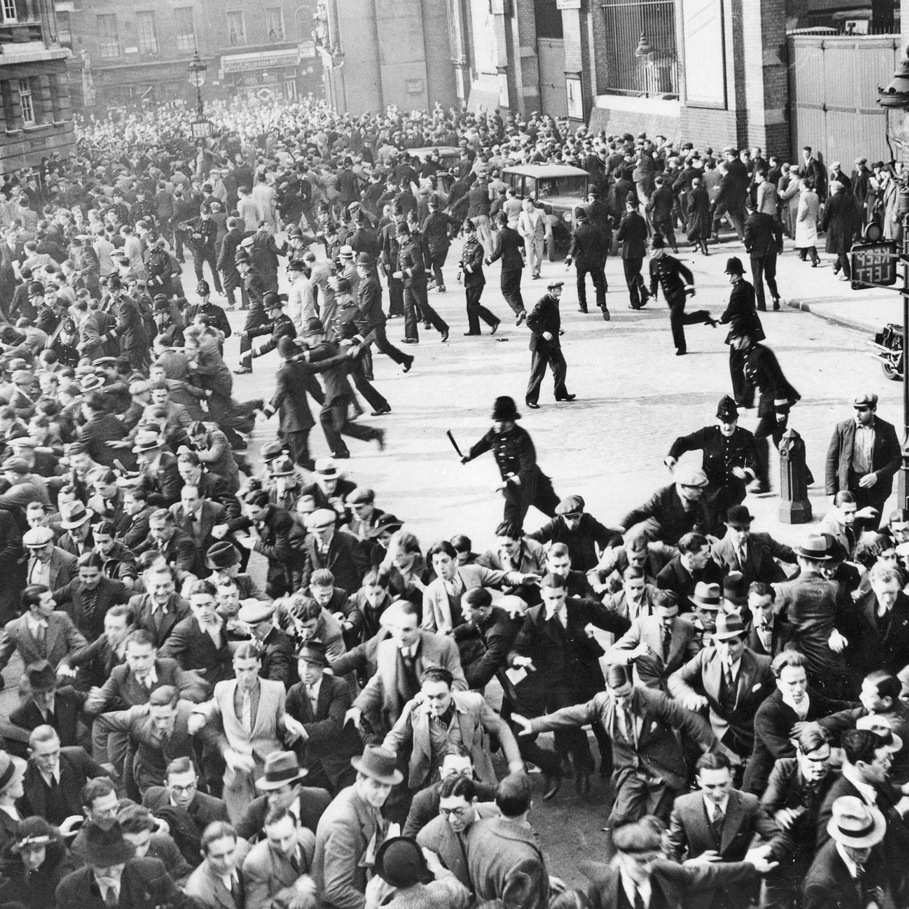 Riots erupted between anti-Fascists and Blackshirts (British Fascists) when Mosley's supporters were gathering in Great Mint Street for a march through the East End of London in what is now called the Battle of Cable Street on Oct. 4 1936.