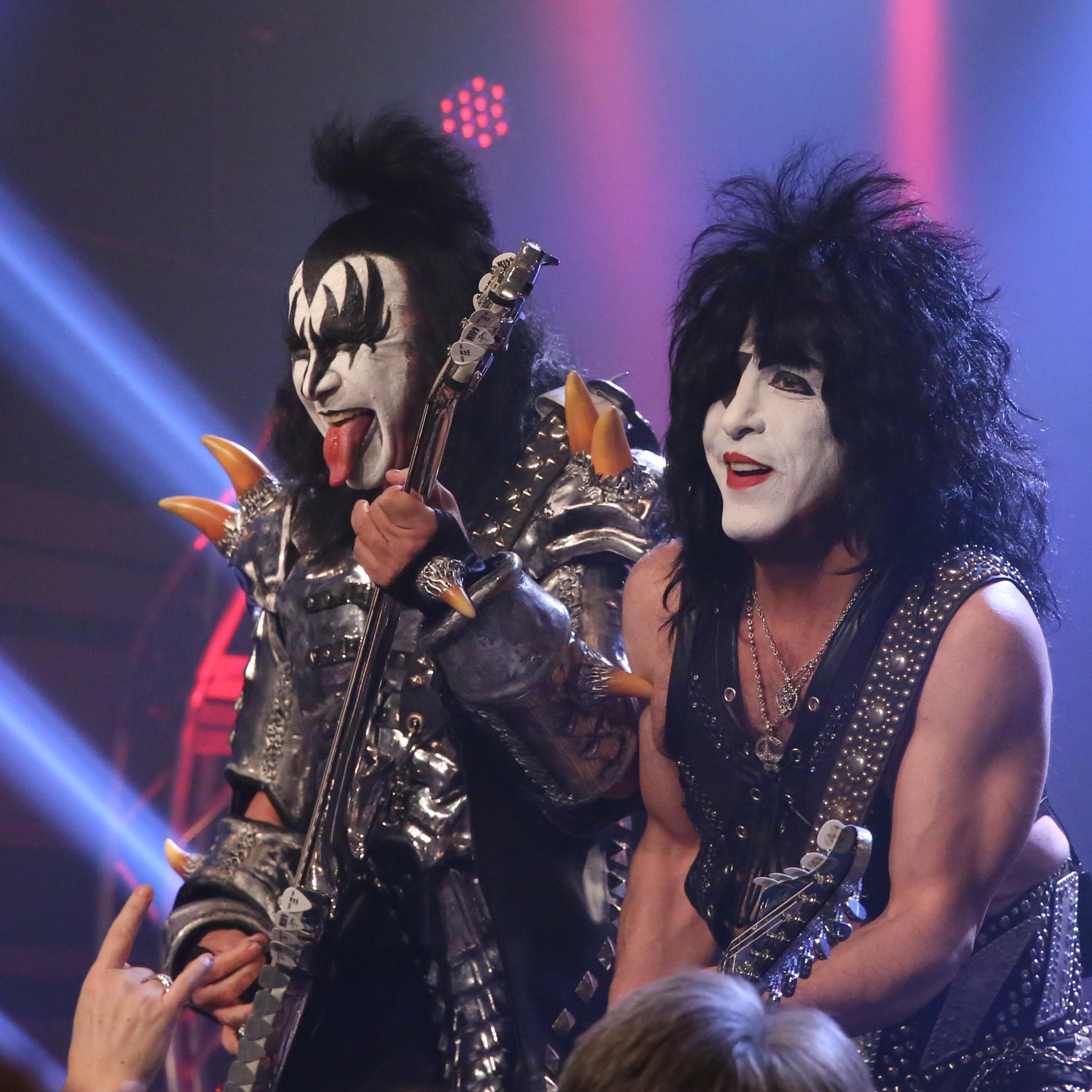 From left: Gene Simmons and Paul Stanley of Kiss perform on The Tonight Show Starring Jimmy Fallon on April 11, 2014.