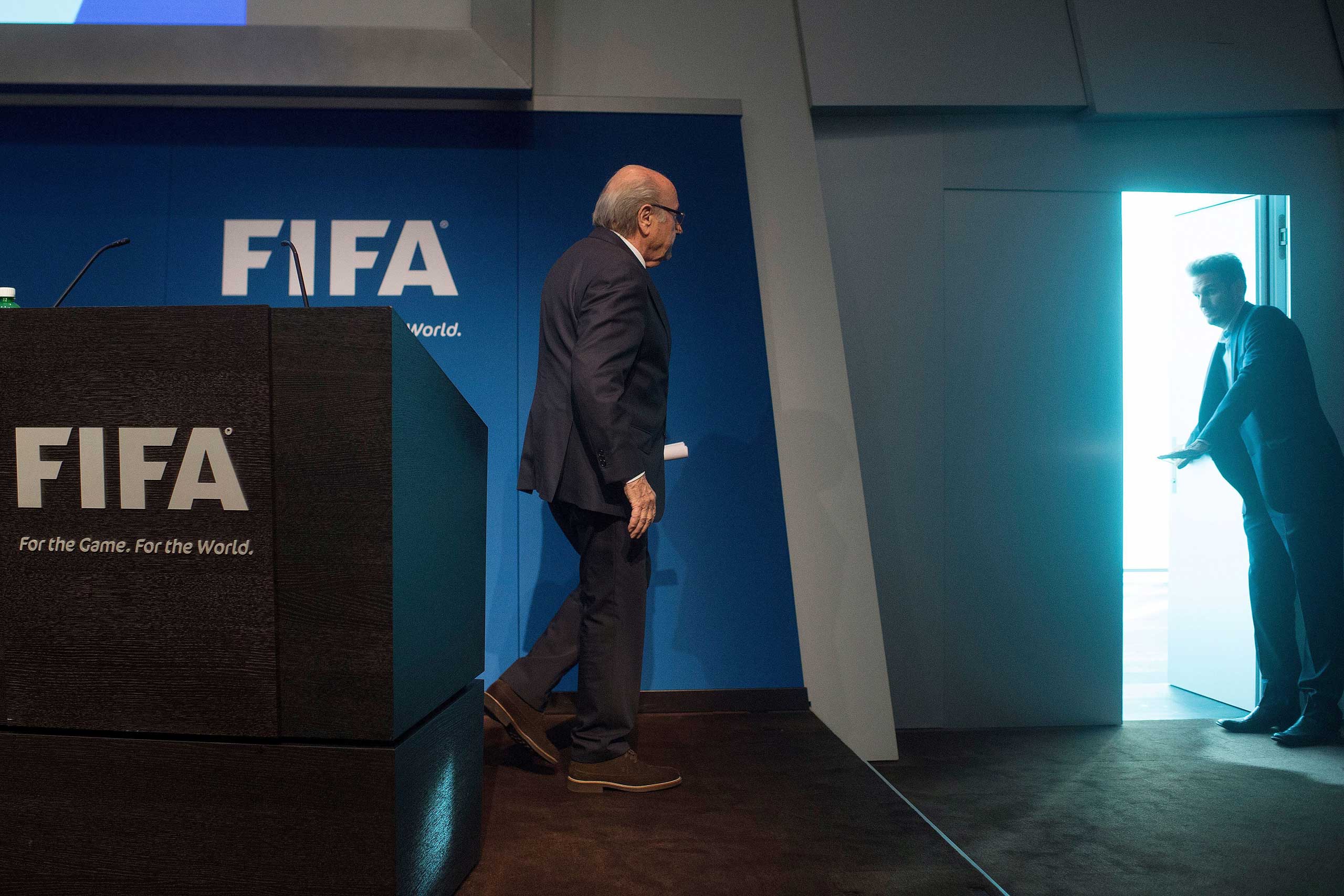 FIFA President Sepp Blatter leaves after a press conference at the headquarters of the world's football governing body in Zurich on June 2, 2015.