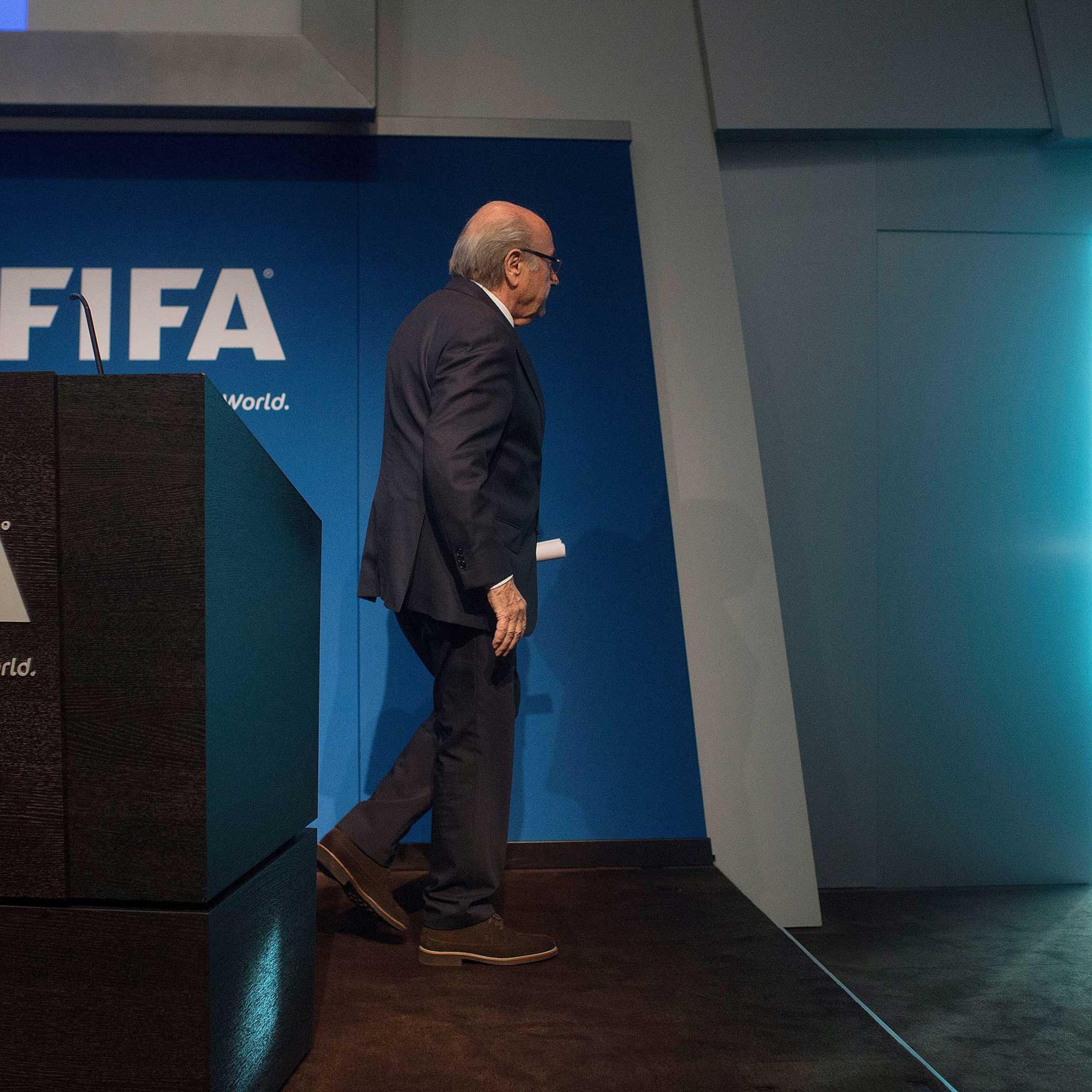 FIFA President Sepp Blatter leaves after a press conference at the headquarters of the world's football governing body in Zurich on June 2, 2015.