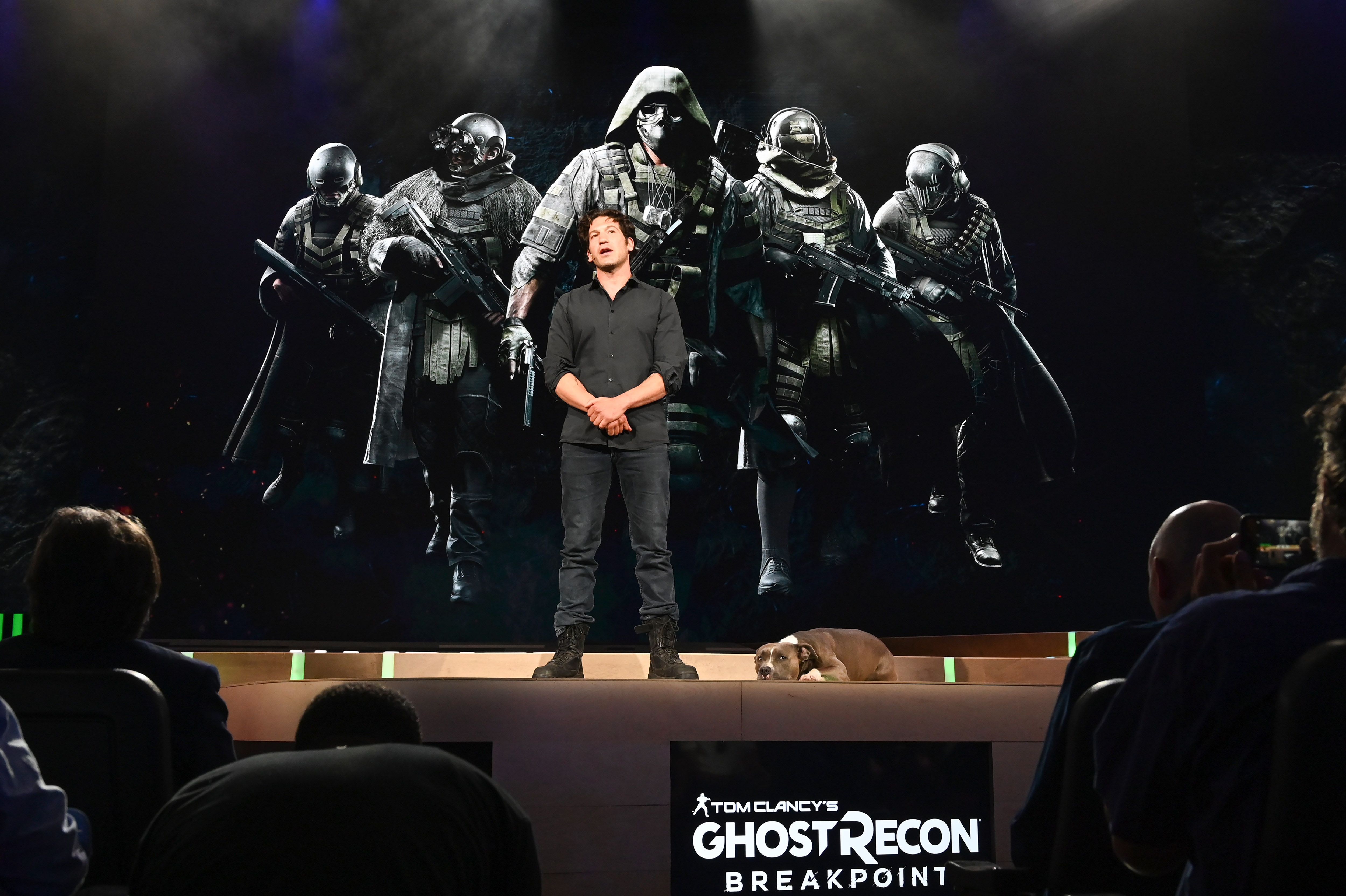 Actor Jon Bernthal is joined by his dog Bam Bam on stage as he introduces "Ghost Recon Breakpoint",