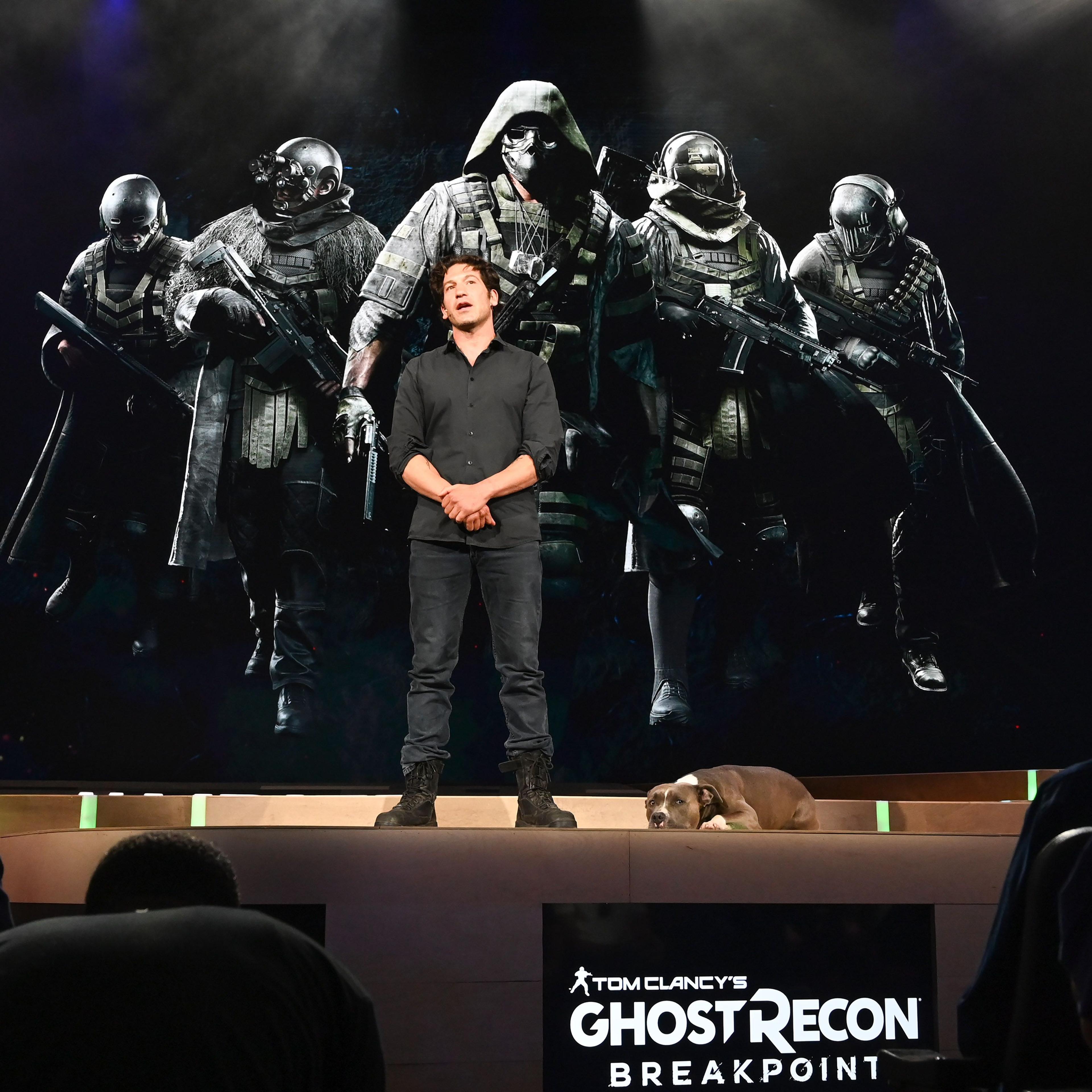 Actor Jon Bernthal is joined by his dog Bam Bam on stage as he introduces "Ghost Recon Breakpoint",
