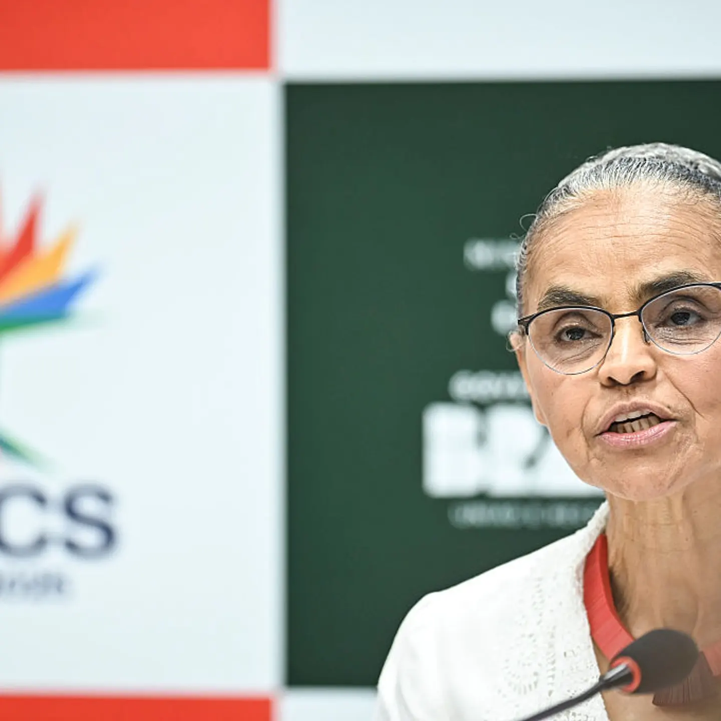 Brazil's Minister of the Environment and Climate Change Marina Silva, takes part in the 11th Meeting of Environment Ministers from the BRICS member countries and holds a press conference at the Itamaraty Palace in Brasilia on April 3.