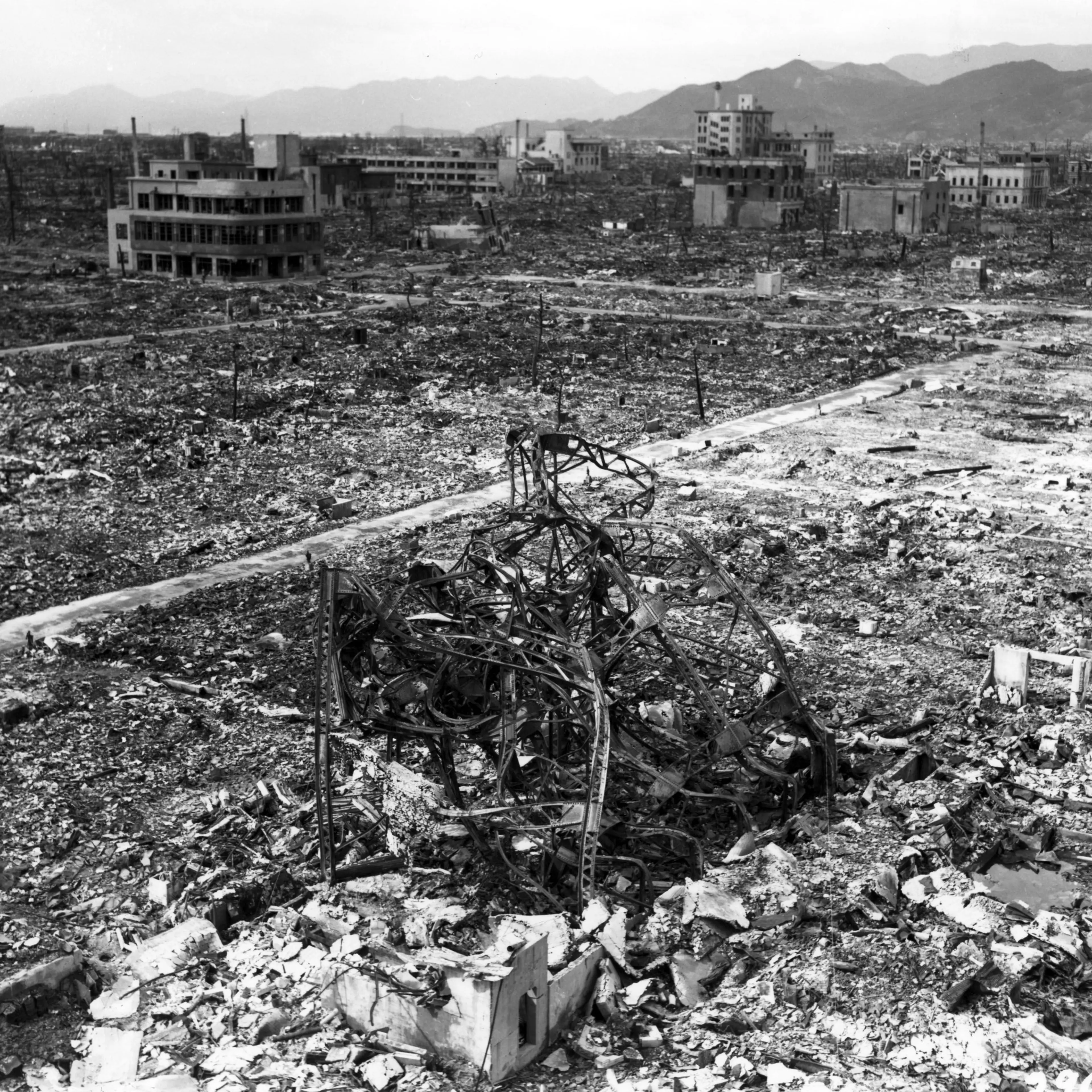 The aftermath of the bombing at Nagasaki in 1945.