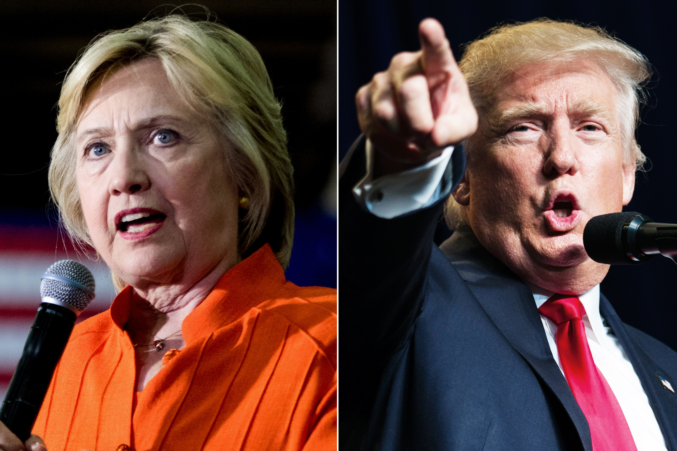 Hillary Clinton in St. Petersburg, FL, on Aug. 8, 2016 (L); Donald Trump in Green Bay, WI, on Aug. 5, 2016.
